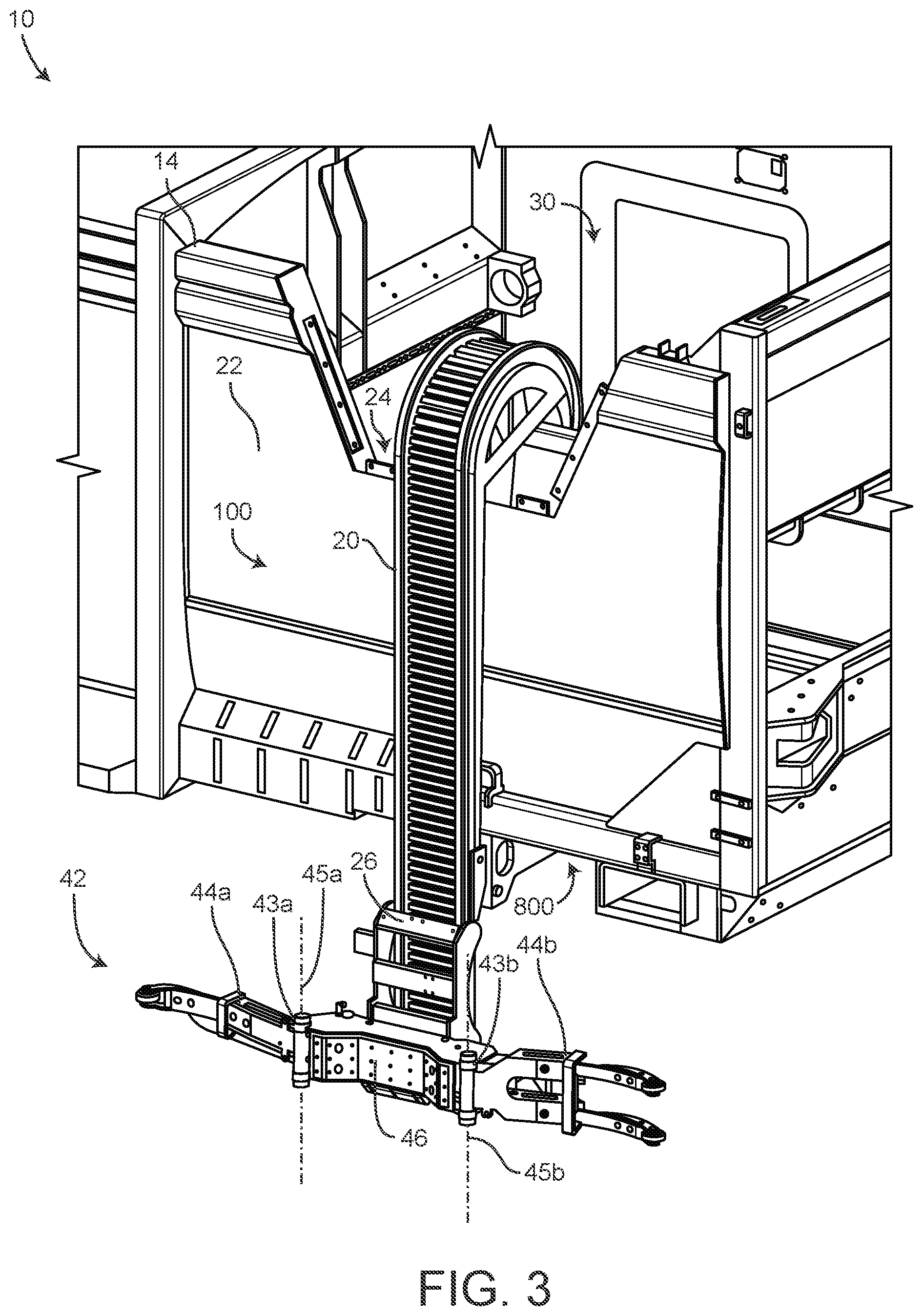 Patent US12139329 Figure 3 – Refuse vehicle with electric lift