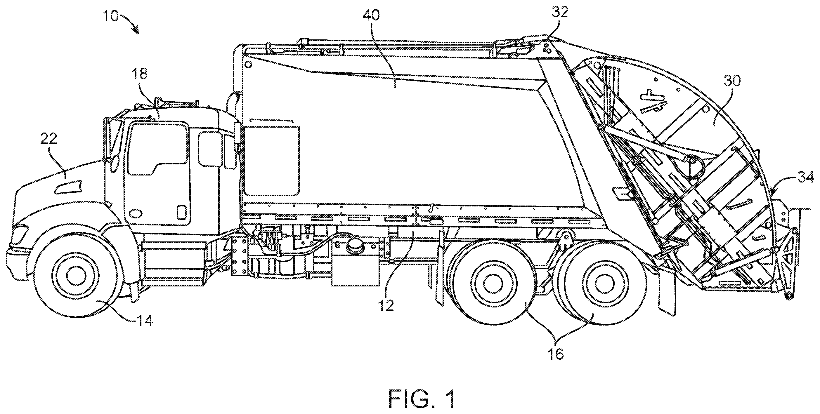 Patent US12139330 Figure 1 – Refuse collection vehicle having slide and sweep mechanism with bolt-in bushings