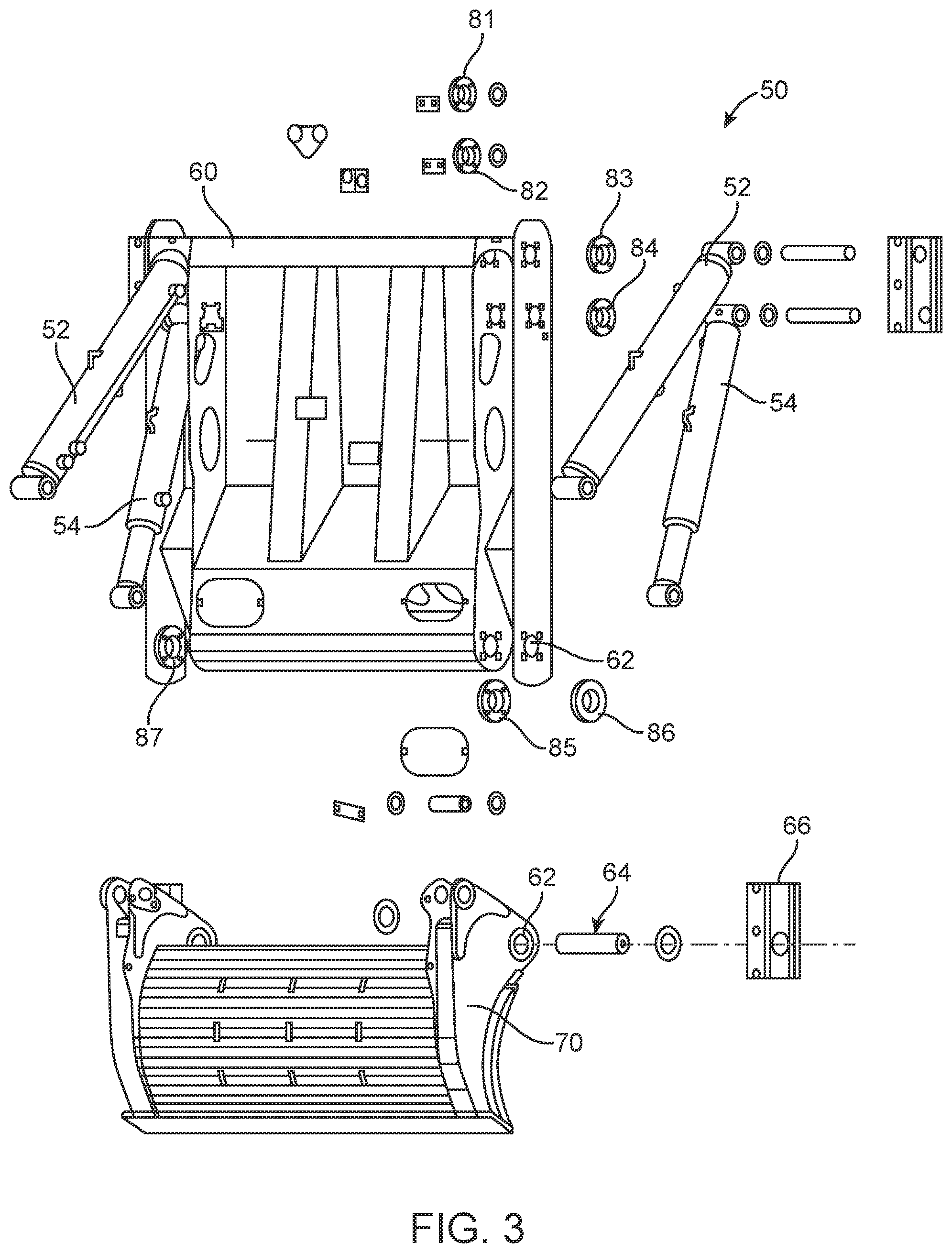 Patent US12139330 Figure 3 – Refuse collection vehicle having slide and sweep mechanism with bolt-in bushings