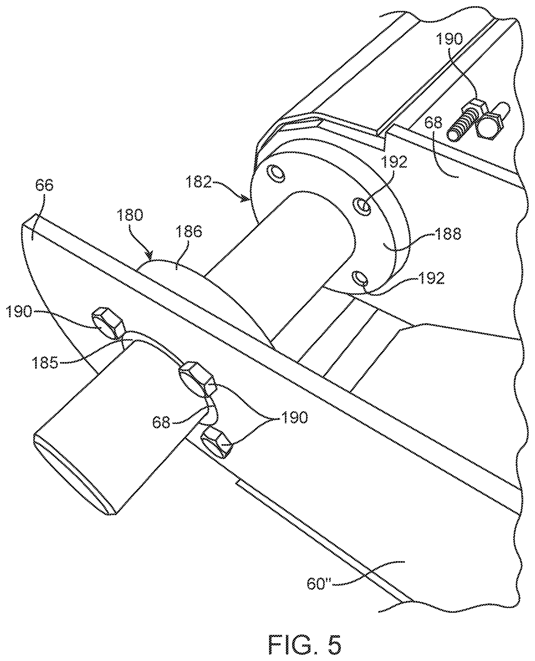 Patent US12139330 Figure 5 – Refuse collection vehicle having slide and sweep mechanism with bolt-in bushings