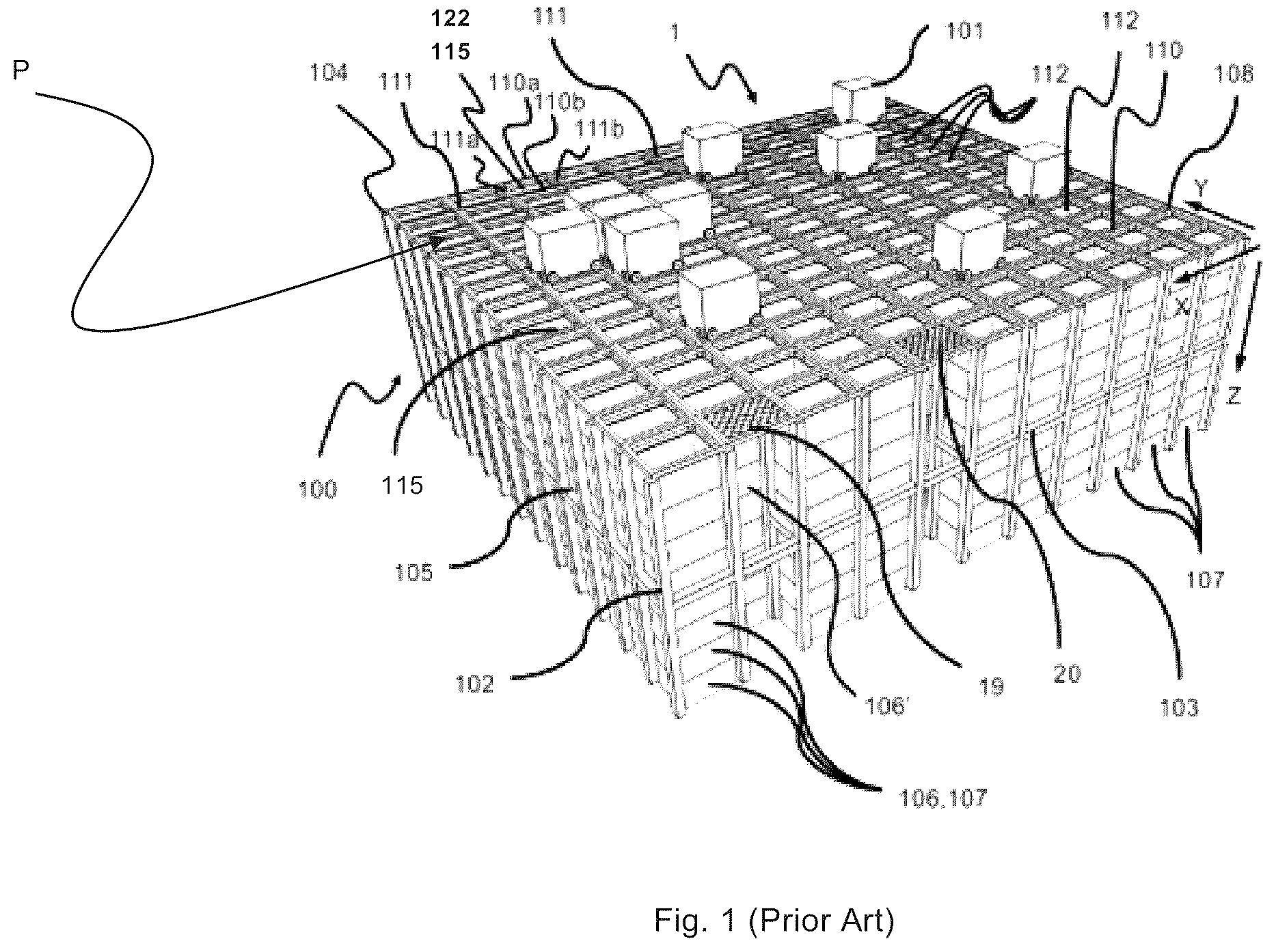 Patent US12139336 Figure 1 – Transport of container handling vehicles between storage grids of different heights