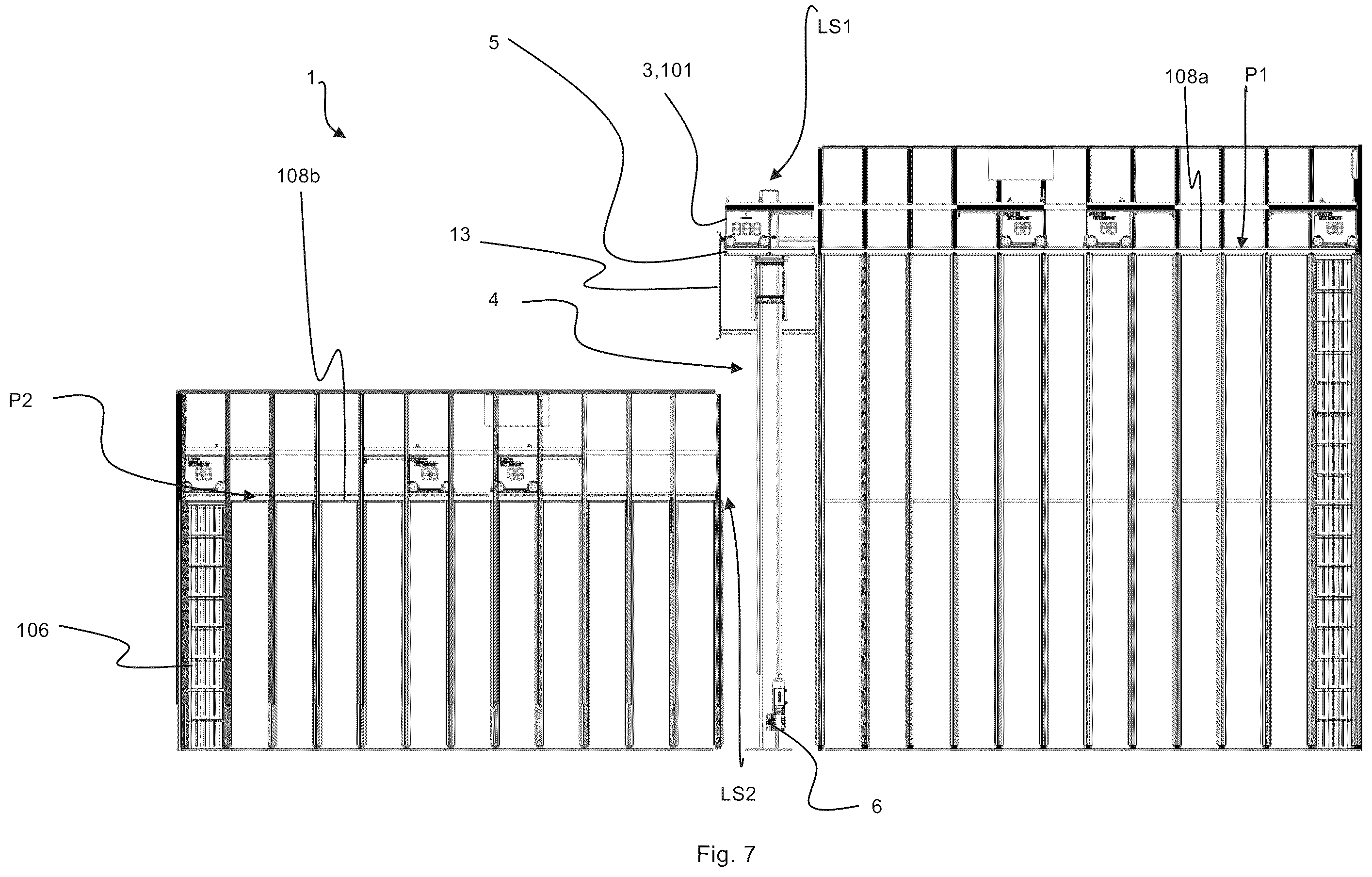 Patent US12139336 Figure 5 – Transport of container handling vehicles between storage grids of different heights