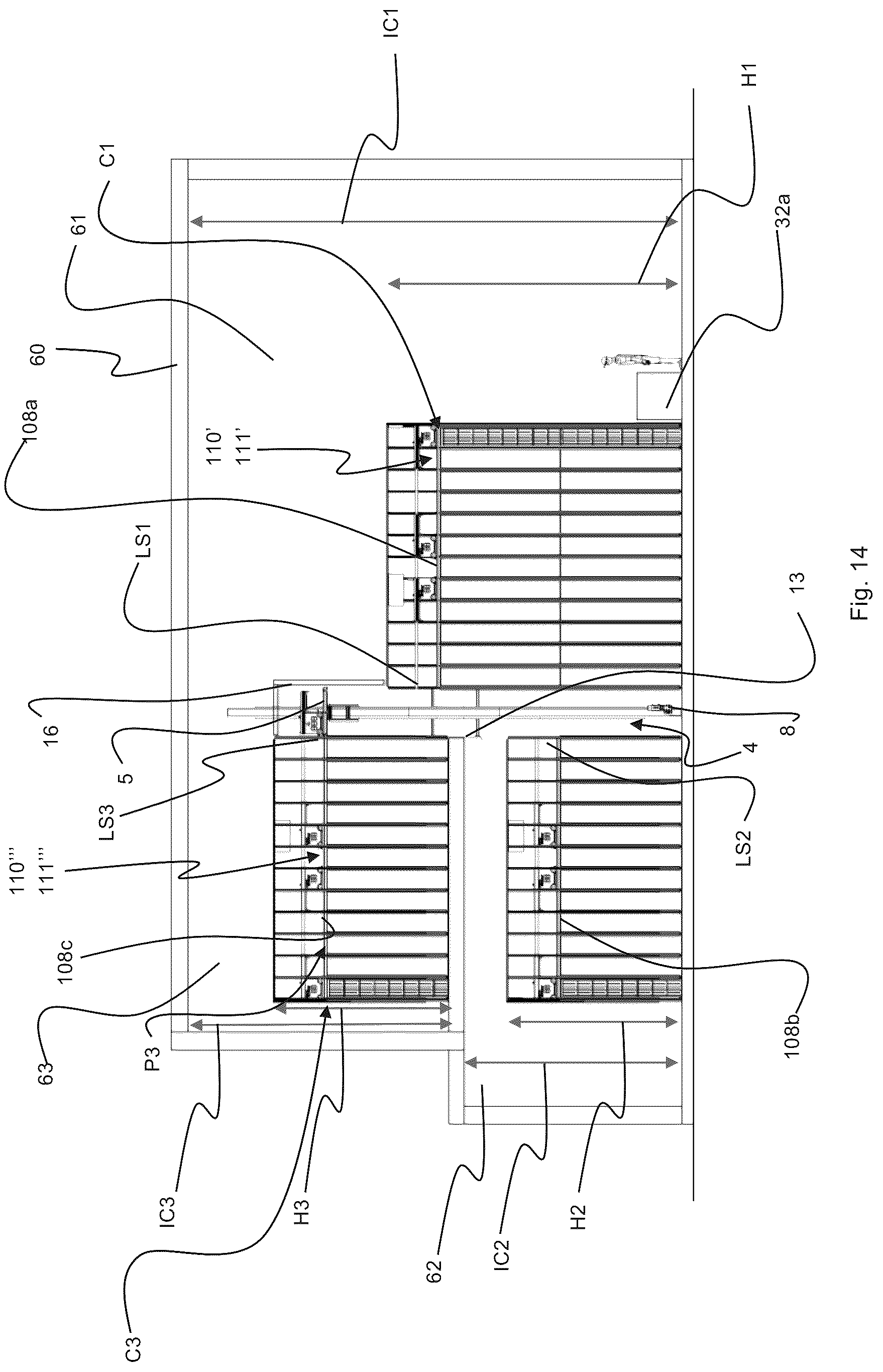 Patent US12139336 Figure 12 – Transport of container handling vehicles between storage grids of different heights