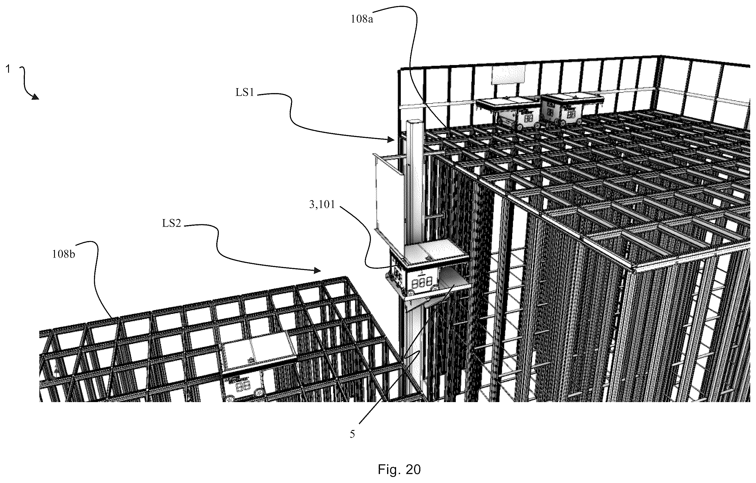 Patent US12139336 Figure 18 – Transport of container handling vehicles between storage grids of different heights