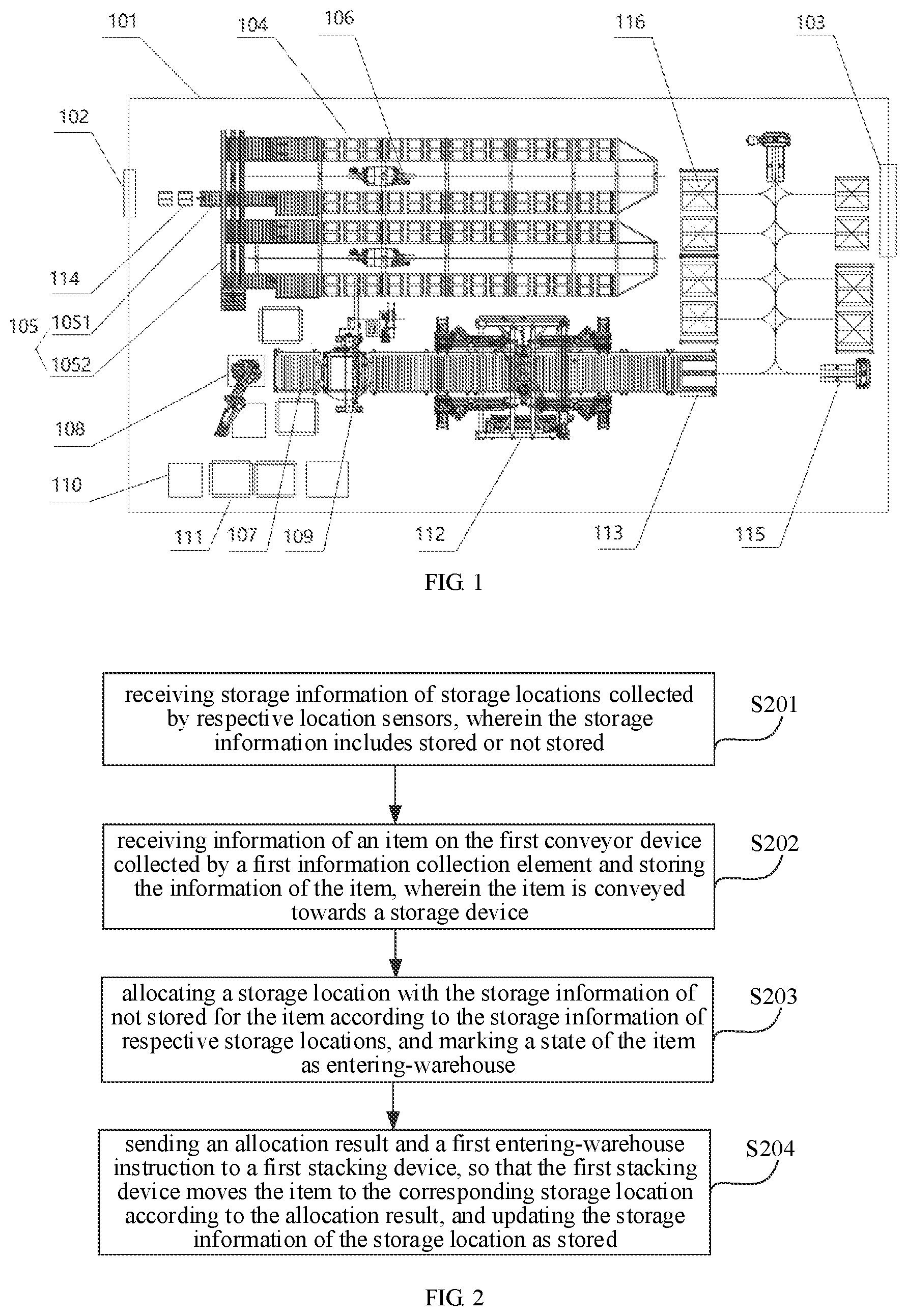 Patent US12139337 Figure 1 – Warehousing line, warehousing management method and device