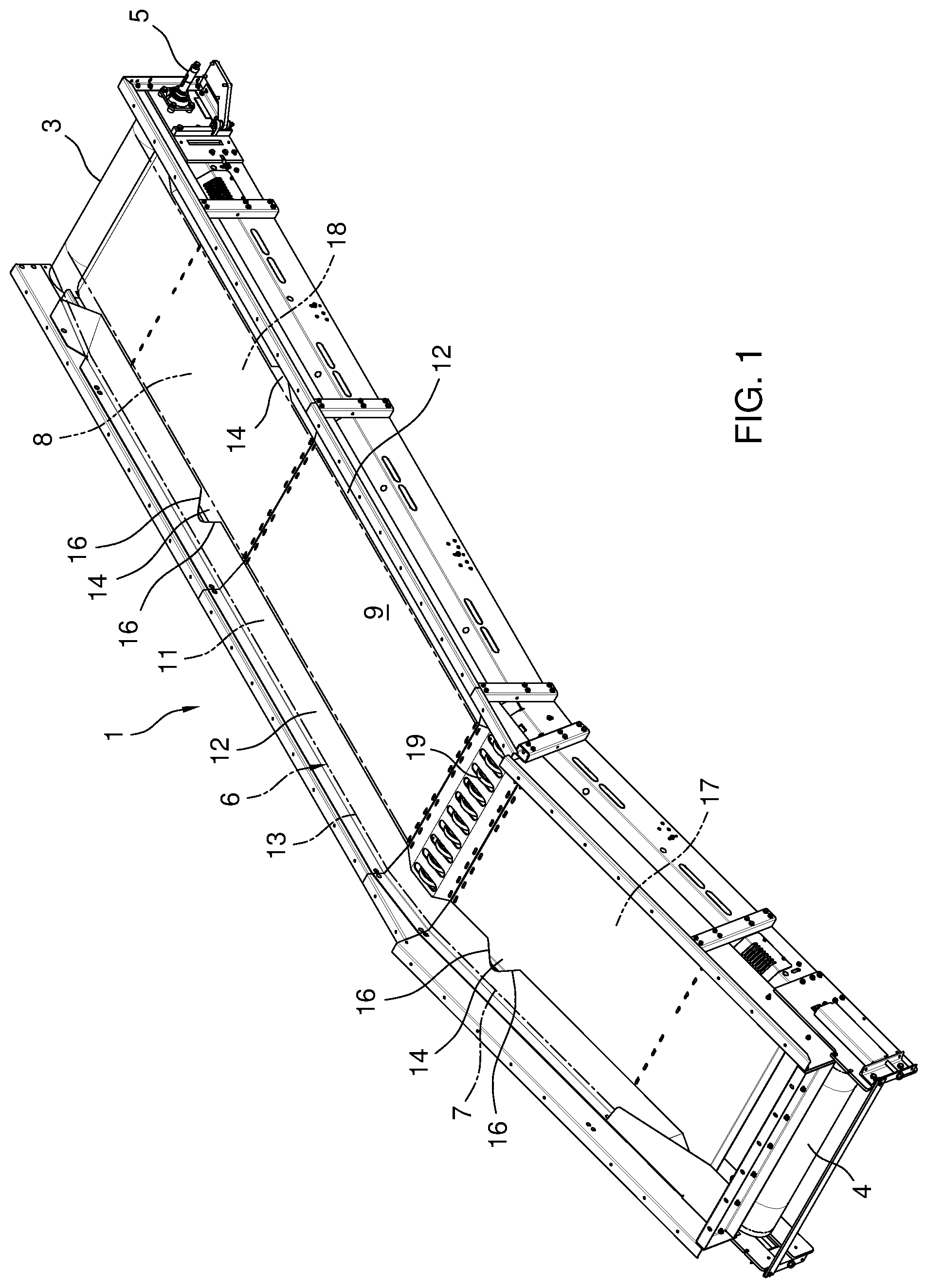 Patent US12139341 Figure 1 – Trough belt conveyor