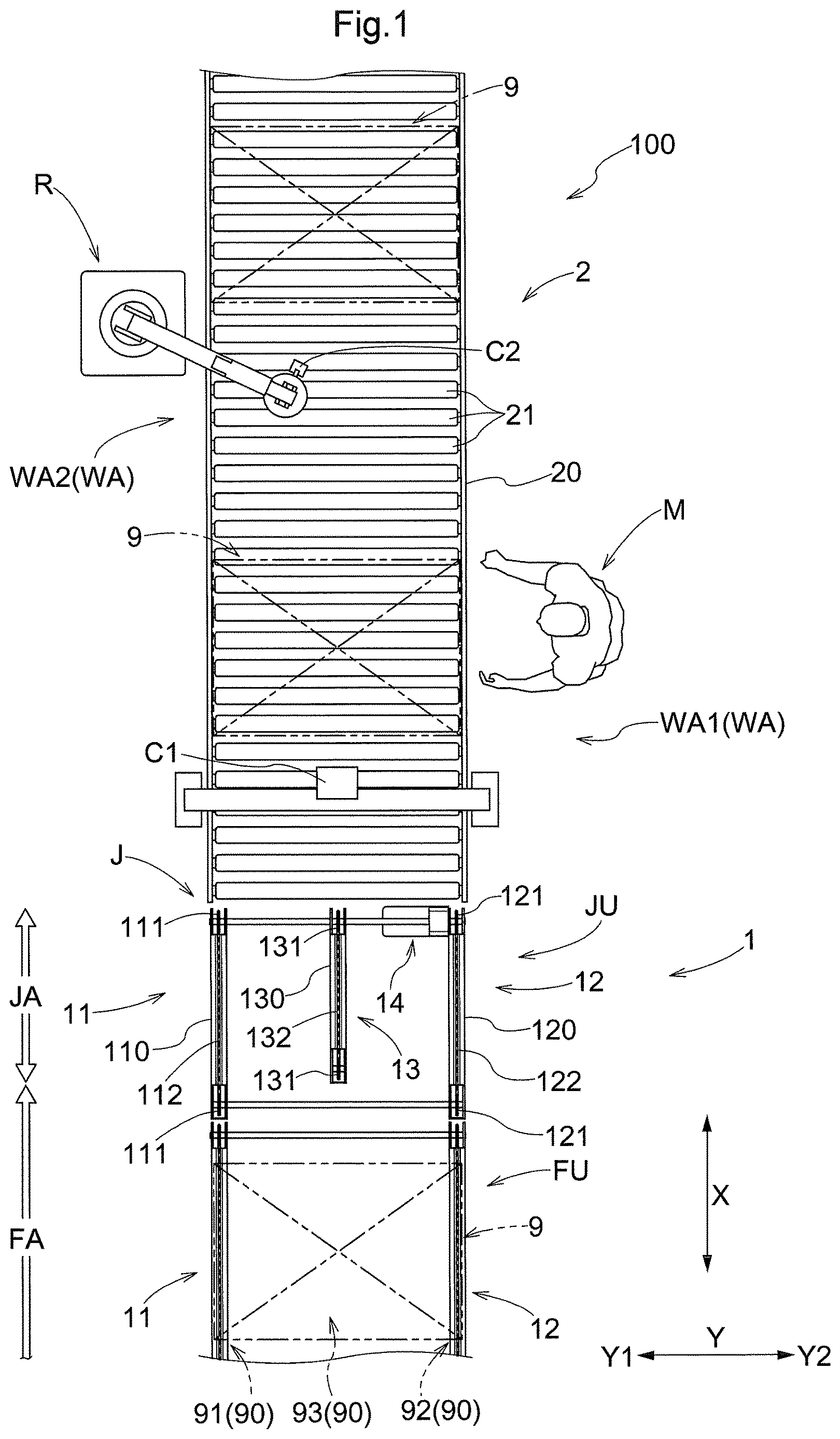 Patent US12139347 Figure 1 – Article transport facility