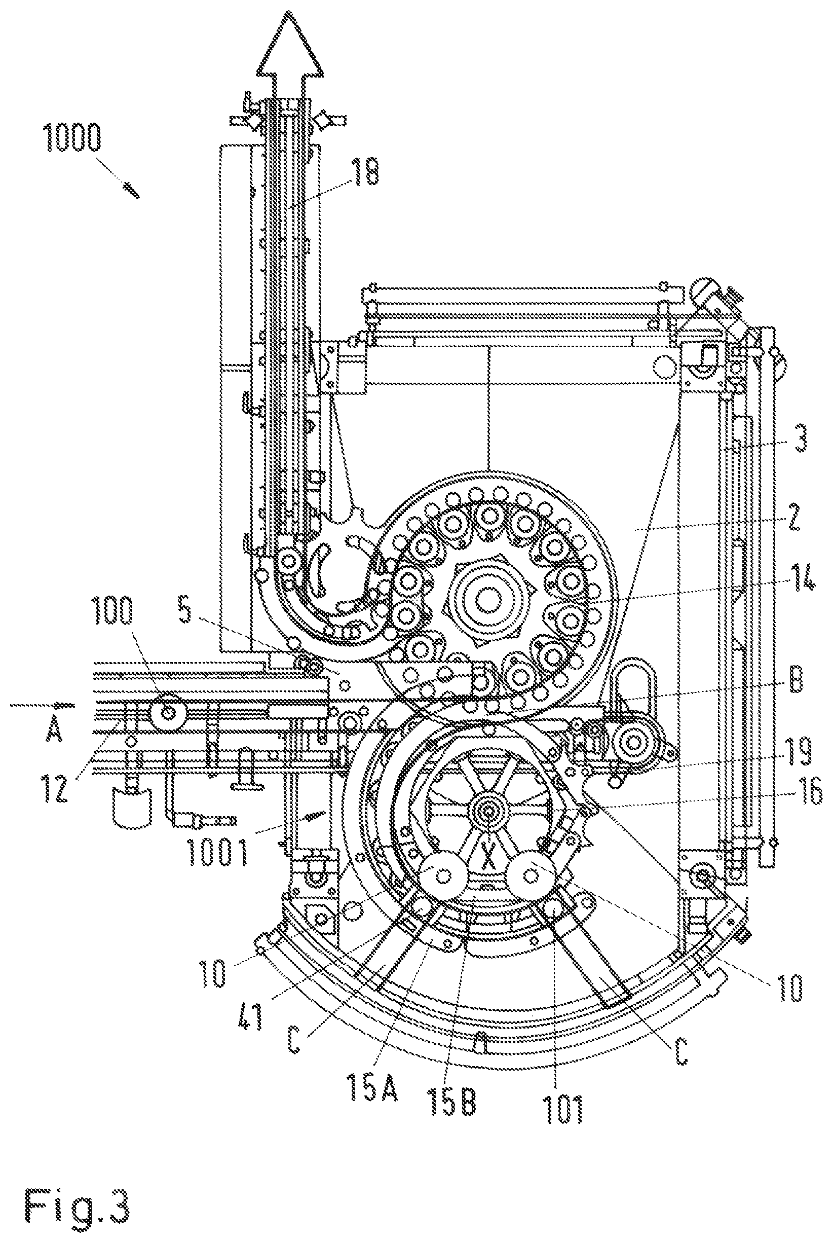 Patent US12139354 Figure 3 – De-stacking device for separating lids