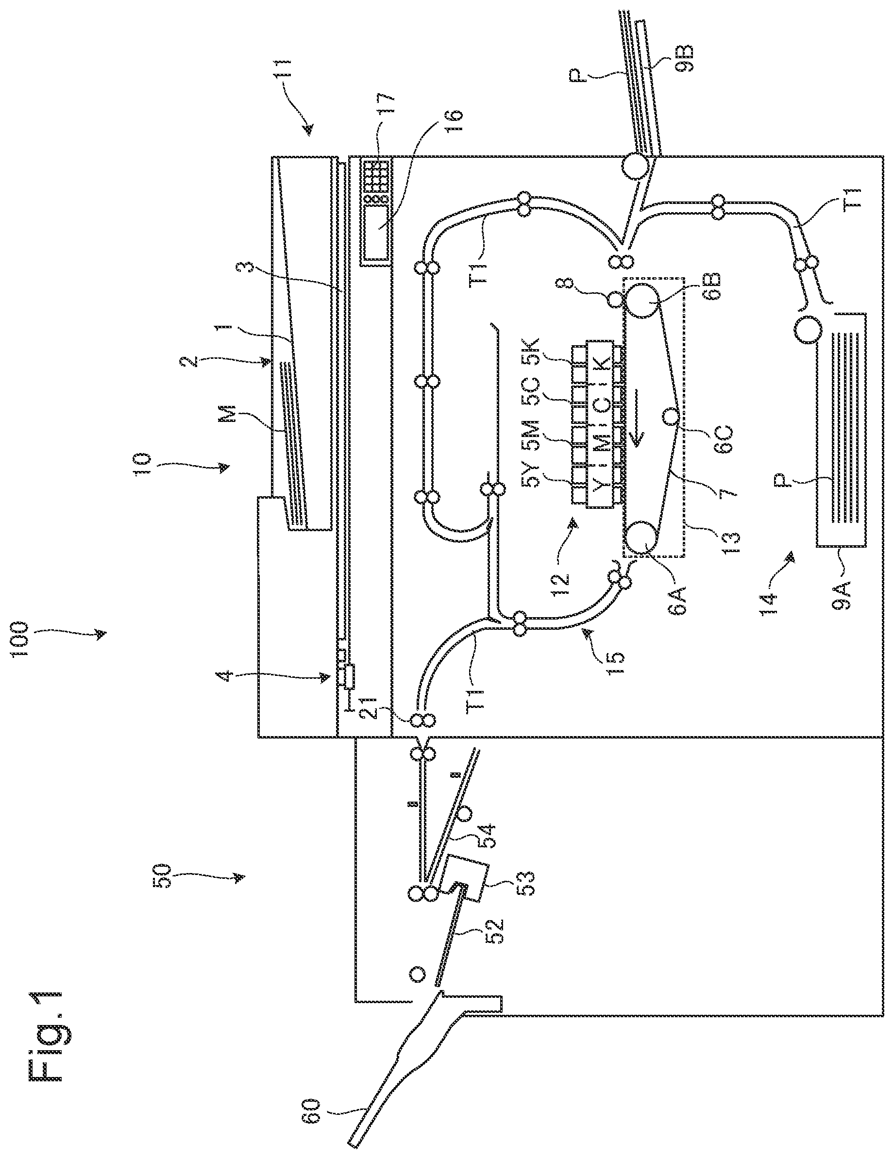 Patent US12139360 Figure 1 – Postprocessing device that transports preceding recording medium on sidetrack, with following recording medium transported along sheet transport path stacked on preceding one, to processing tray, and image forming system