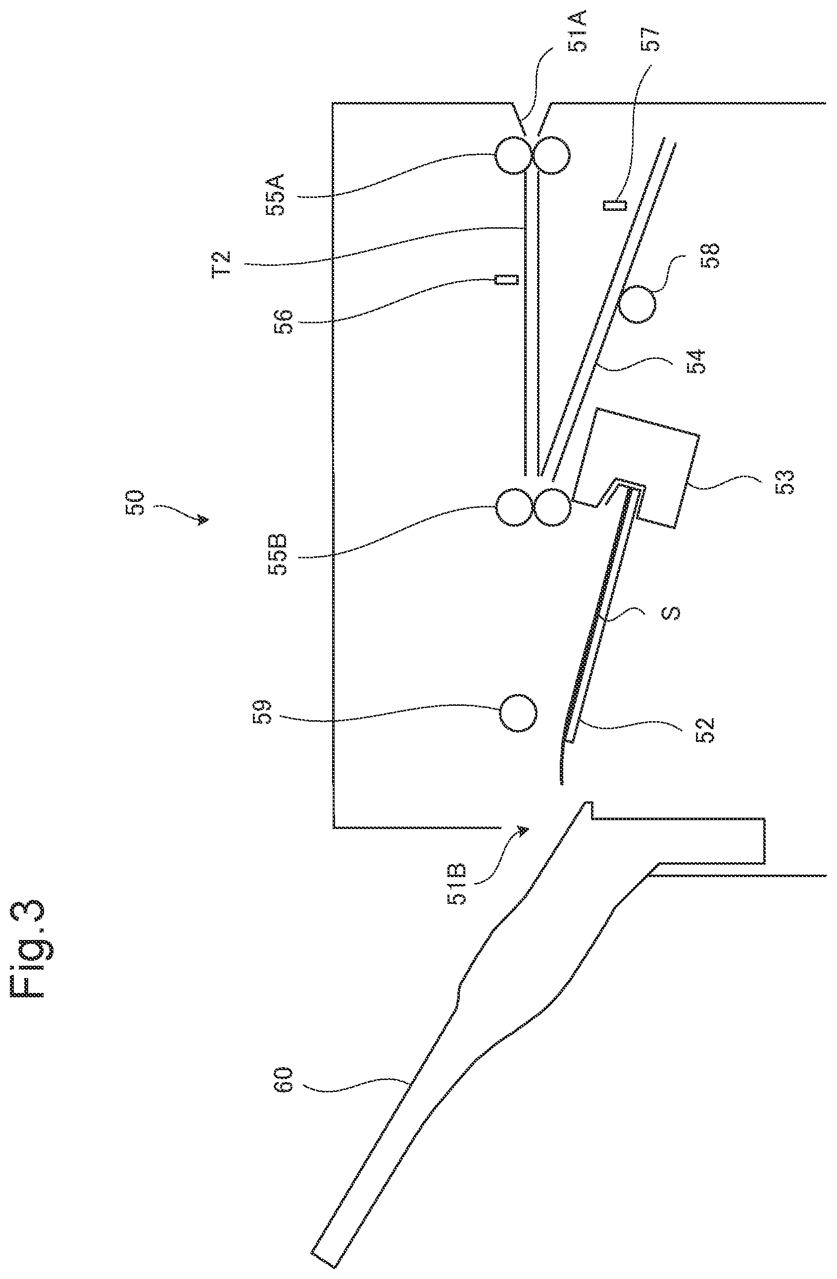 Patent US12139360 Figure 3 – Postprocessing device that transports preceding recording medium on sidetrack, with following recording medium transported along sheet transport path stacked on preceding one, to processing tray, and image forming system