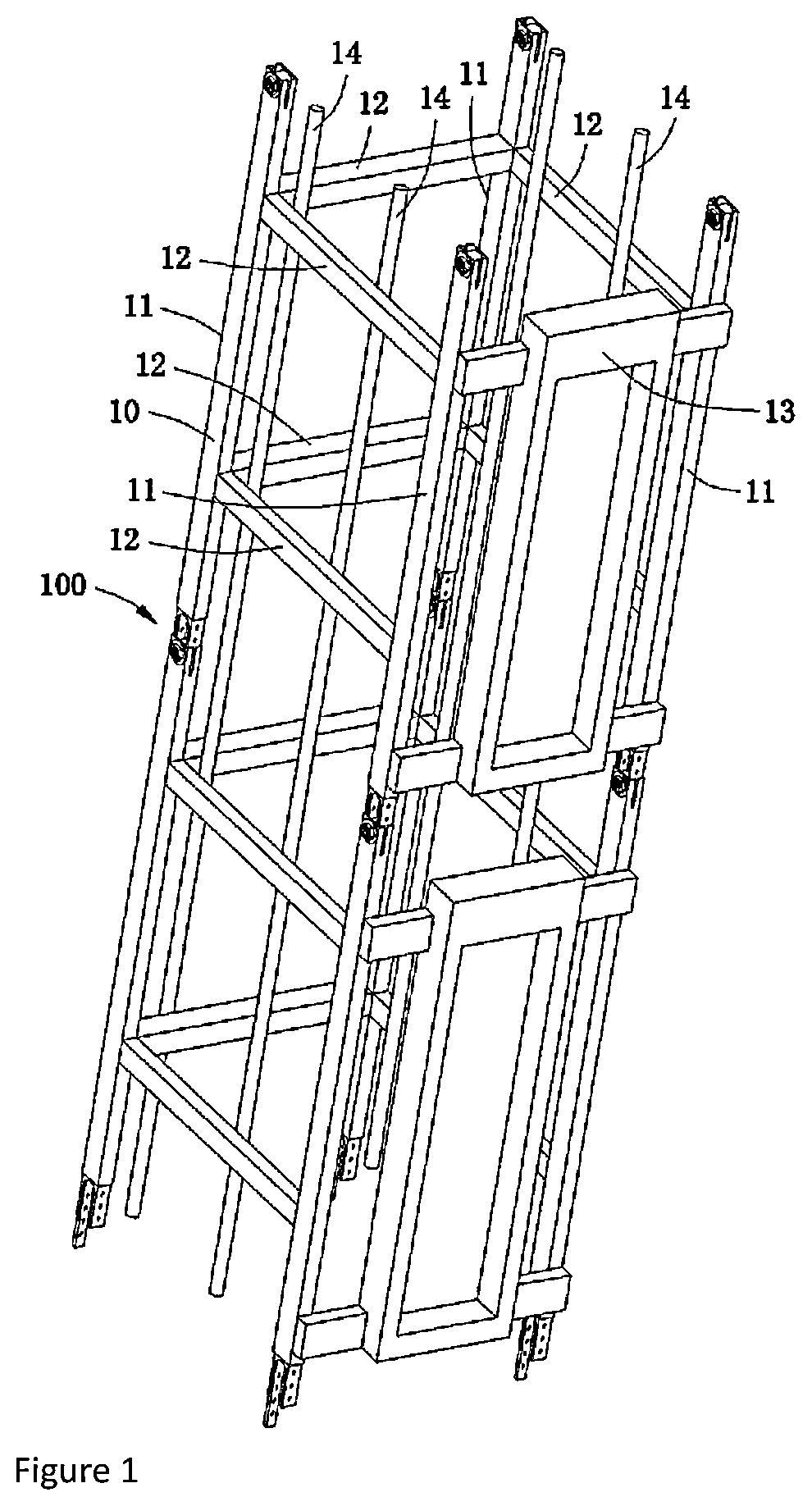 Patent US12139371 Figure 1 – Connecting mechanism, elevator shaft module and elevator system