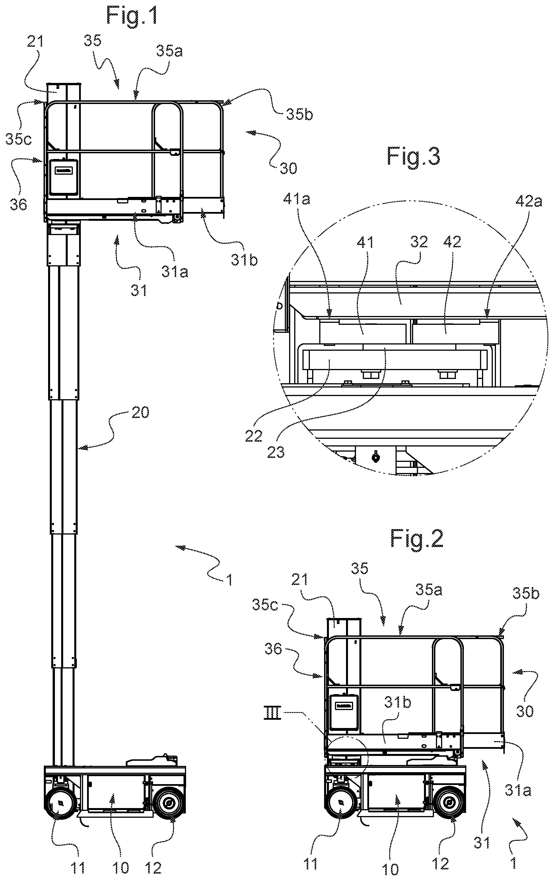 Patent US12139382 Figure 1 – Weighing system for a working platform of an aerial lift having a mast