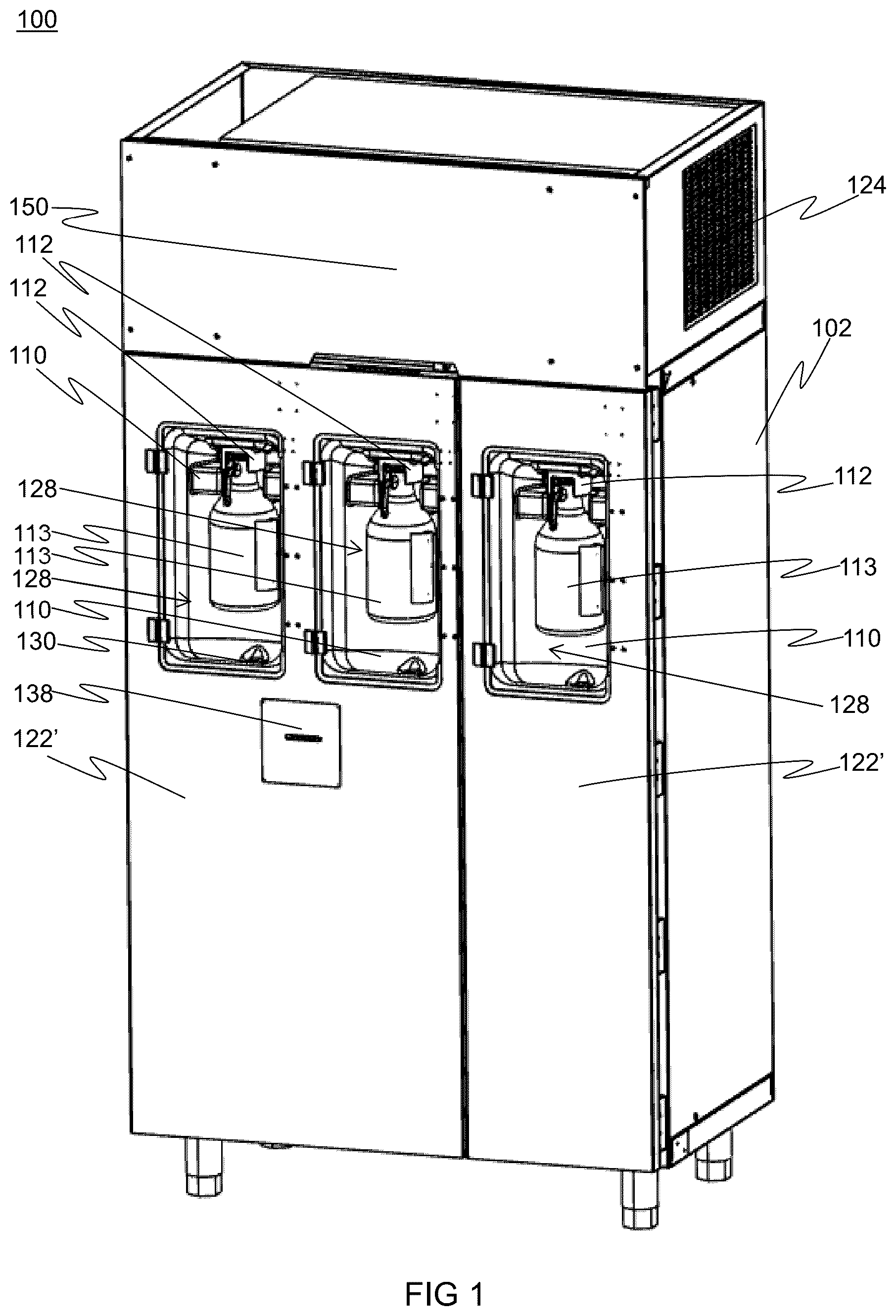 Patent US12139390 Figure 1 – Cartridge for connecting a beverage dispensing line and opening a valve; actuator for operating the cartridge