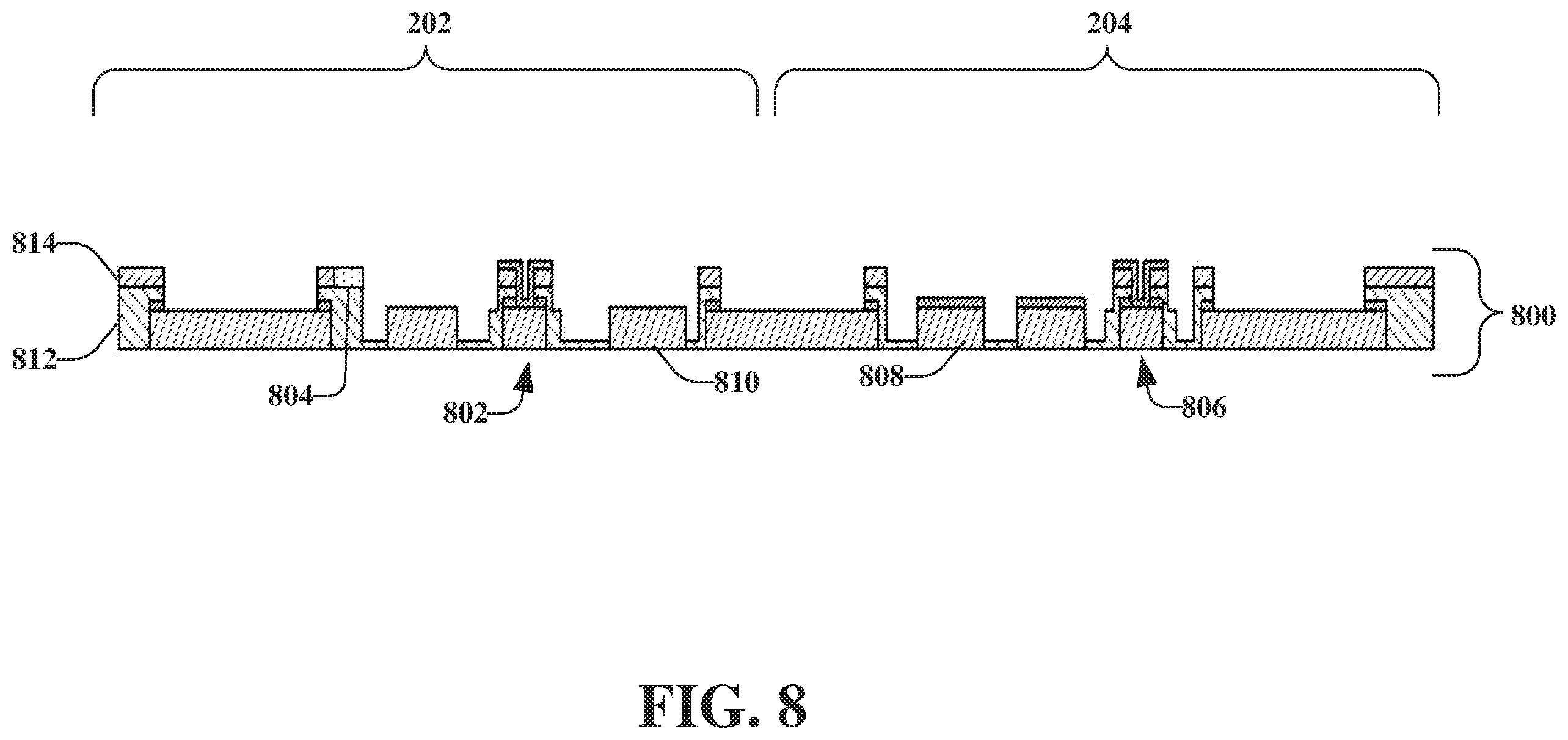 Patent US12139397 Figure 8 – Selective self-assembled monolayer patterning with sacrificial layer for devices