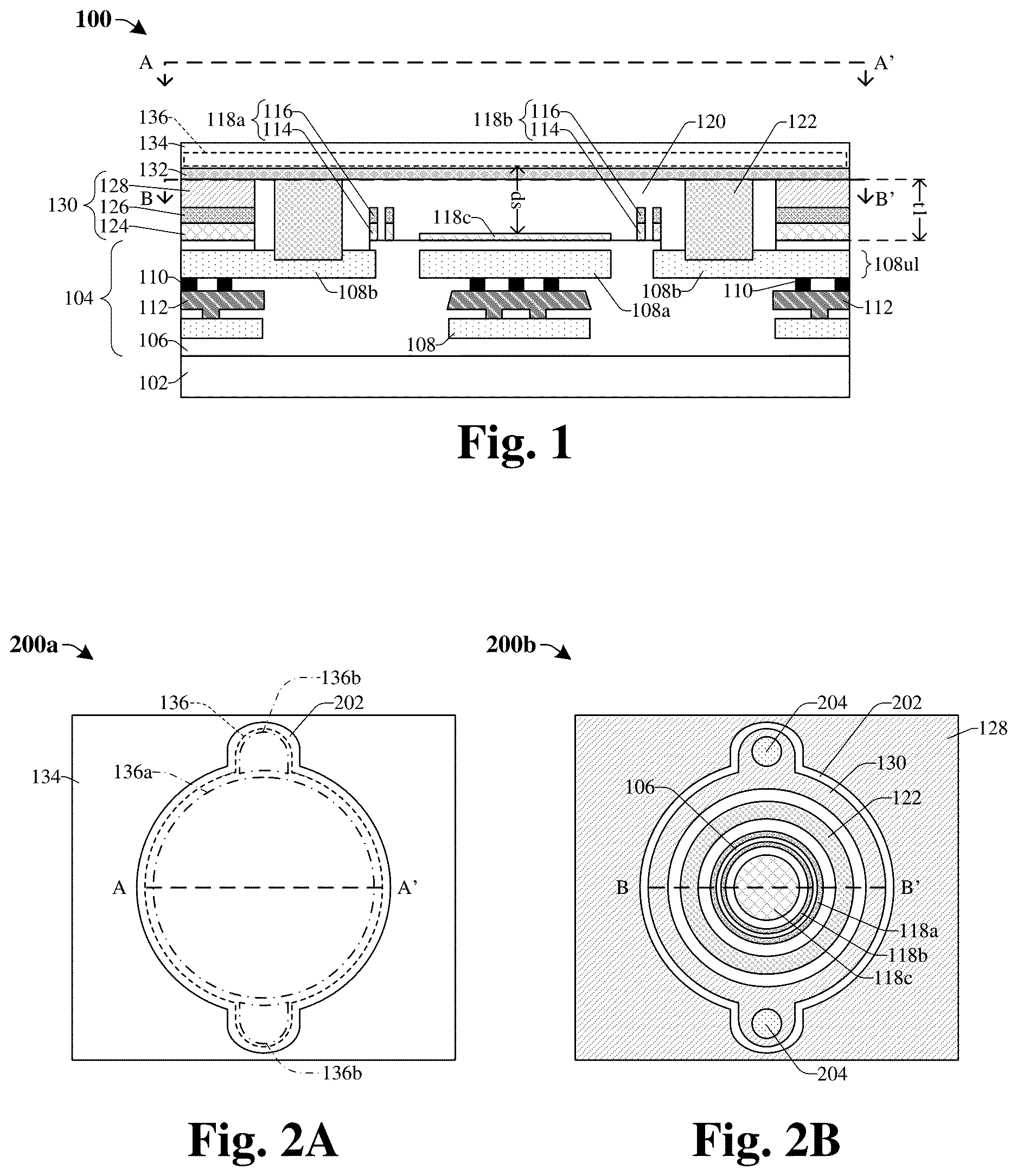 Patent US12139399 Figure 1 – Conductive bond structure to increase membrane sensitivity in MEMS device