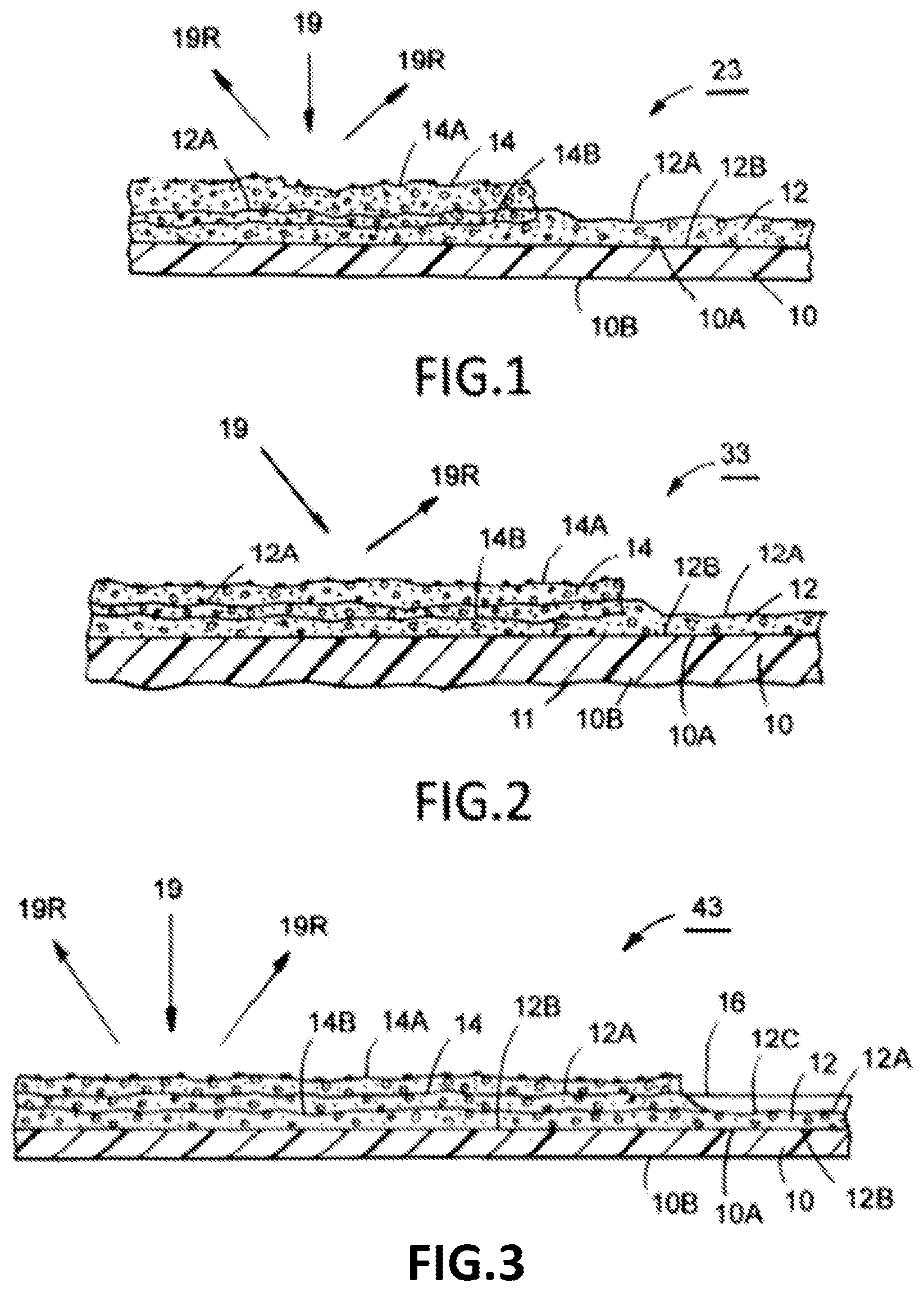 Patent US12139644 Figure 1 – Dual lap high strength adhesive for sheet membrane application, having reflectivity granular particle layer to fully bond to concrete/shotcrete, and a method of making, and using same