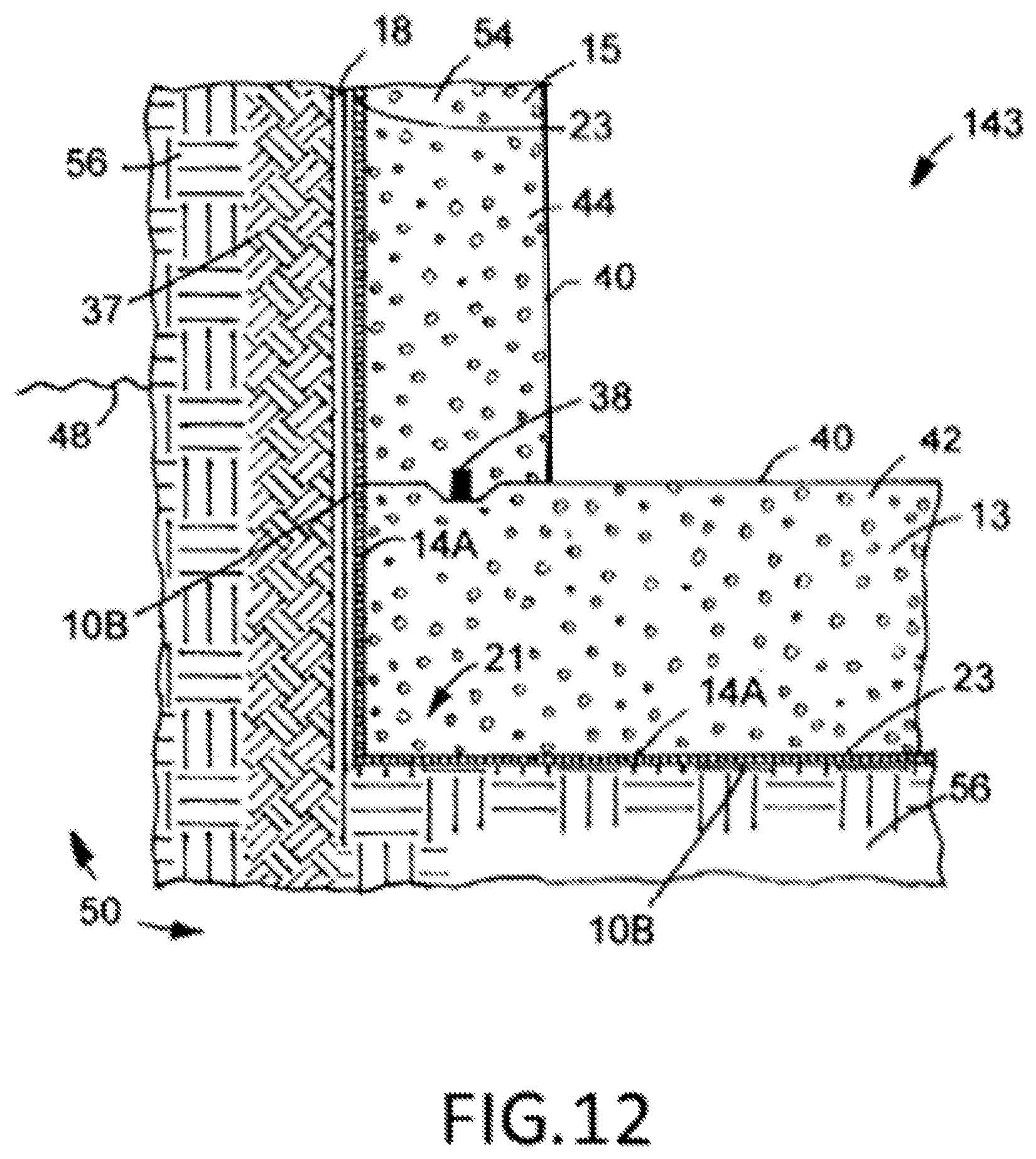 Patent US12139644 Figure 5 – Dual lap high strength adhesive for sheet membrane application, having reflectivity granular particle layer to fully bond to concrete/shotcrete, and a method of making, and using same