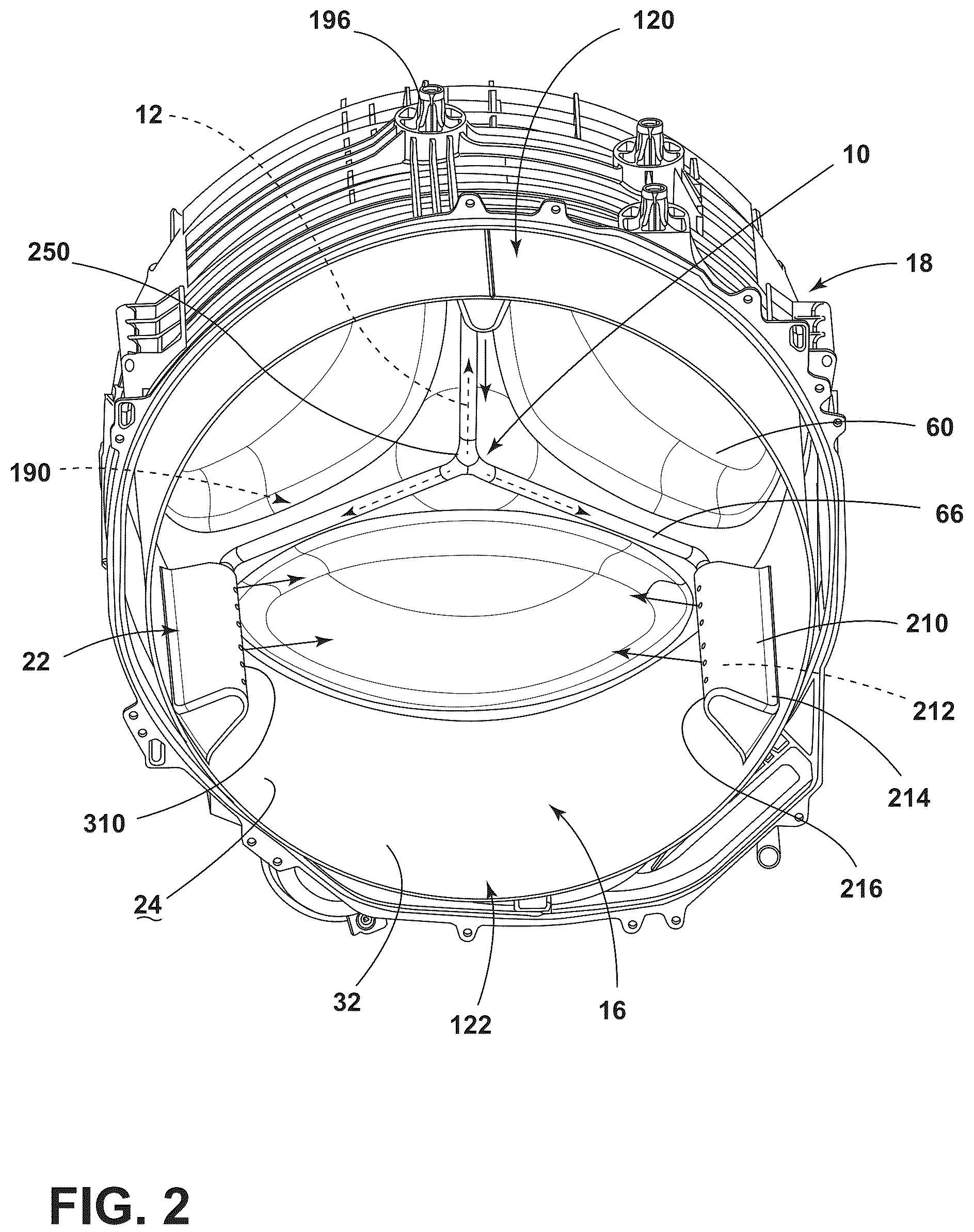 Patent US12139837 Figure 2 – Fluid delivery system for a front-load washing appliance for delivering fluid to lifters of the drum