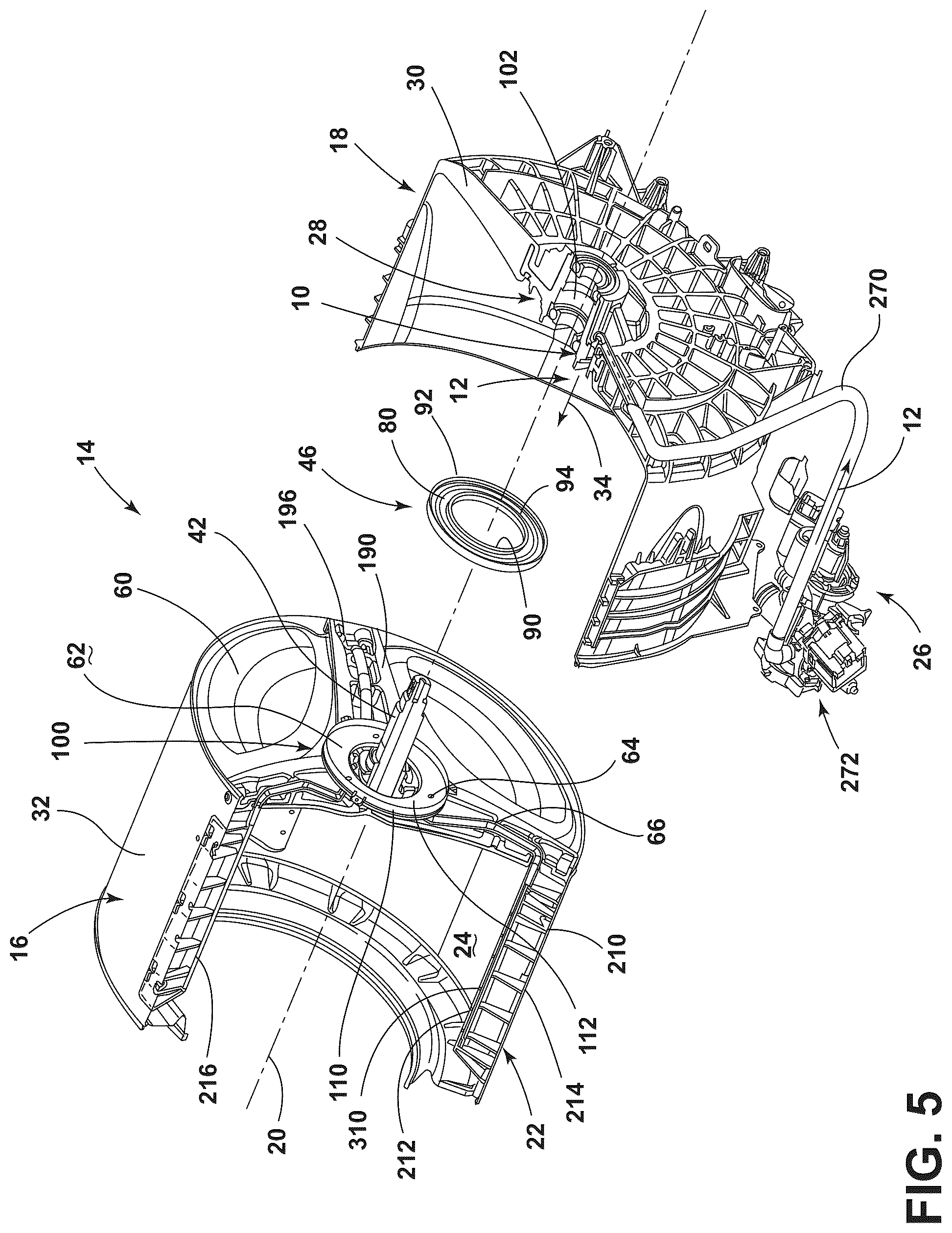 Patent US12139837 Figure 5 – Fluid delivery system for a front-load washing appliance for delivering fluid to lifters of the drum