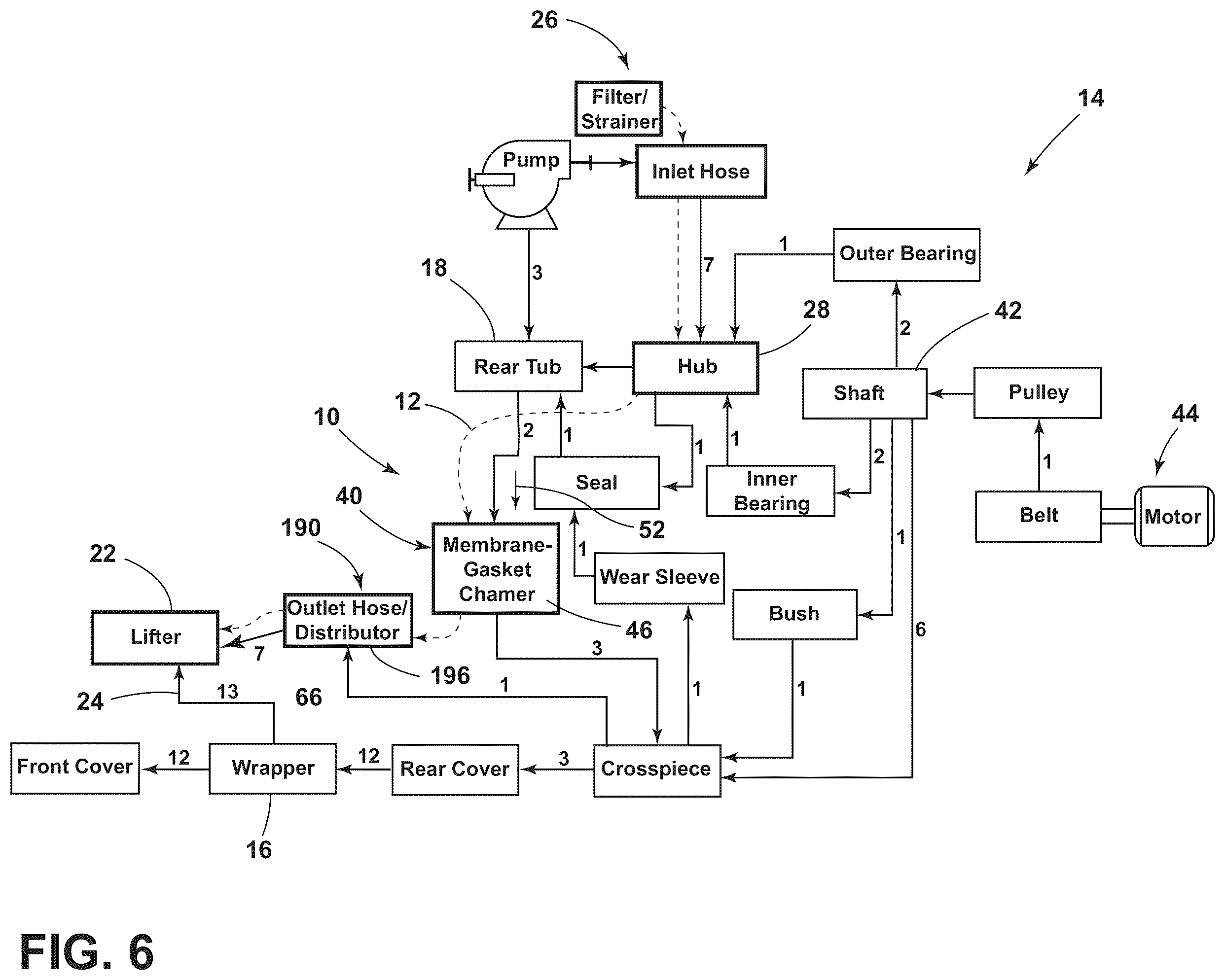 Patent US12139837 Figure 6 – Fluid delivery system for a front-load washing appliance for delivering fluid to lifters of the drum