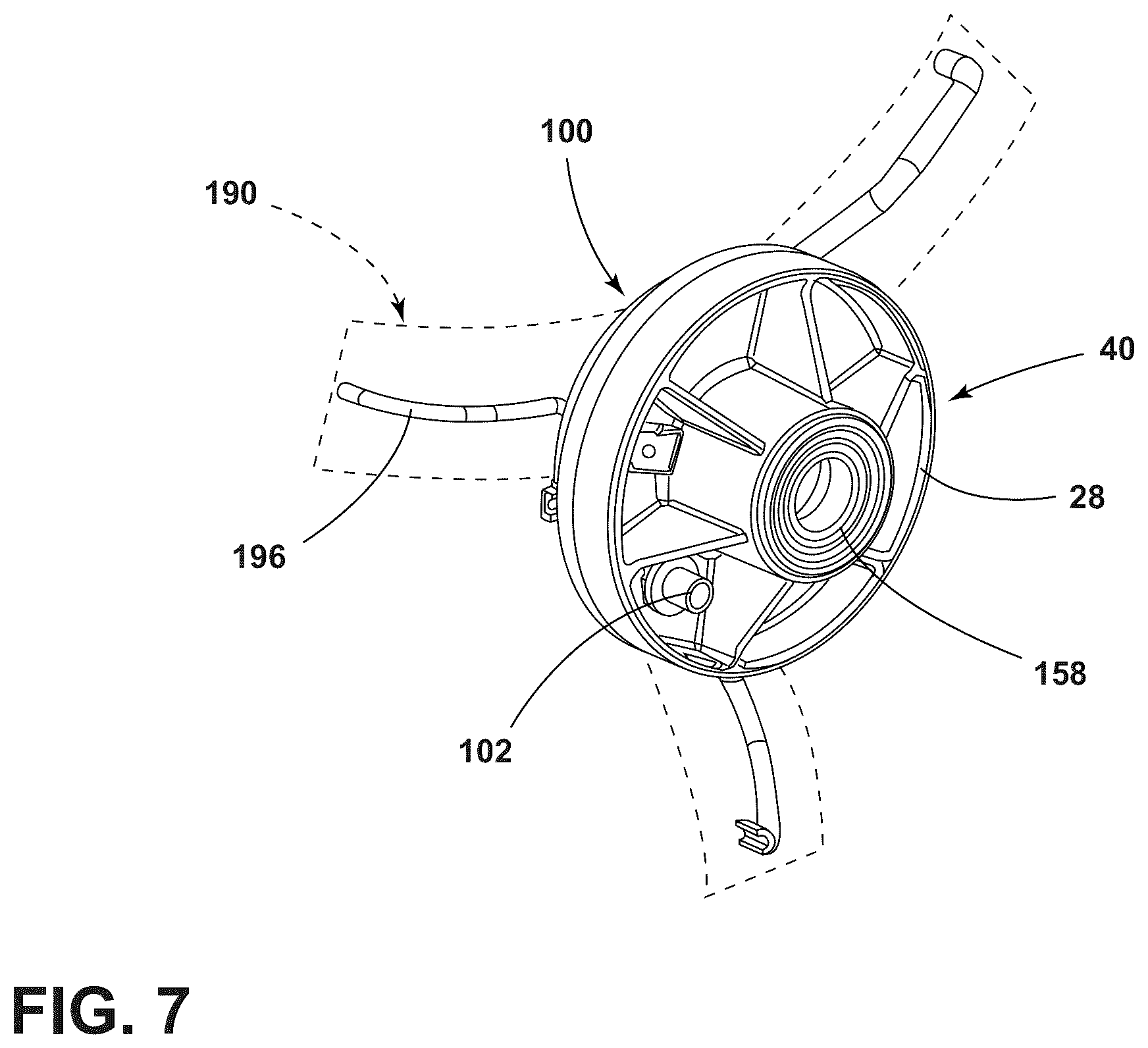 Patent US12139837 Figure 7 – Fluid delivery system for a front-load washing appliance for delivering fluid to lifters of the drum