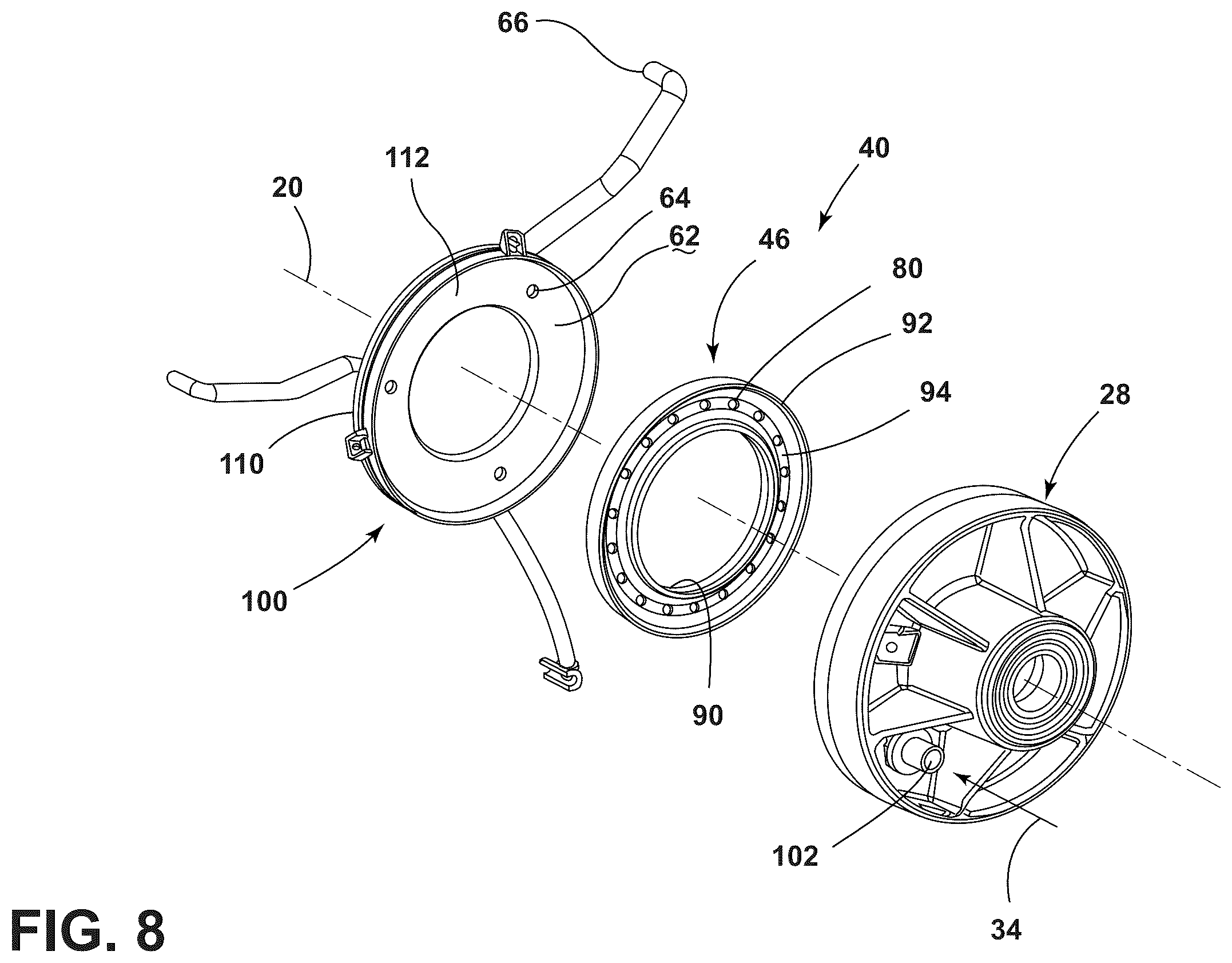 Patent US12139837 Figure 8 – Fluid delivery system for a front-load washing appliance for delivering fluid to lifters of the drum