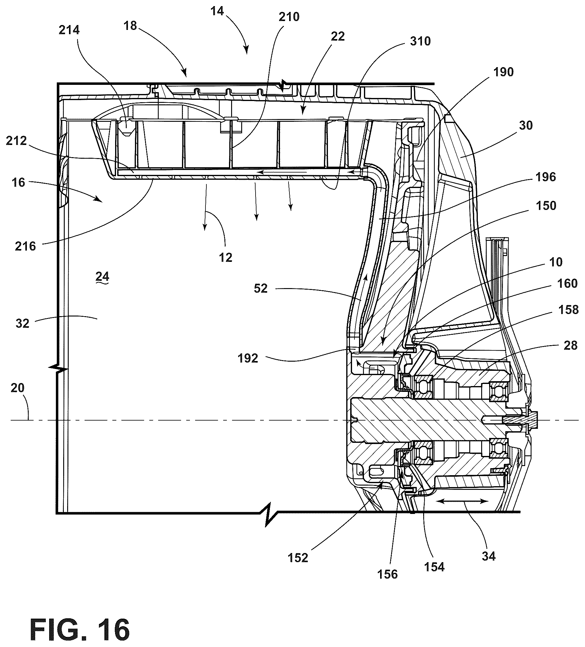 Patent US12139837 Figure 14 – Fluid delivery system for a front-load washing appliance for delivering fluid to lifters of the drum