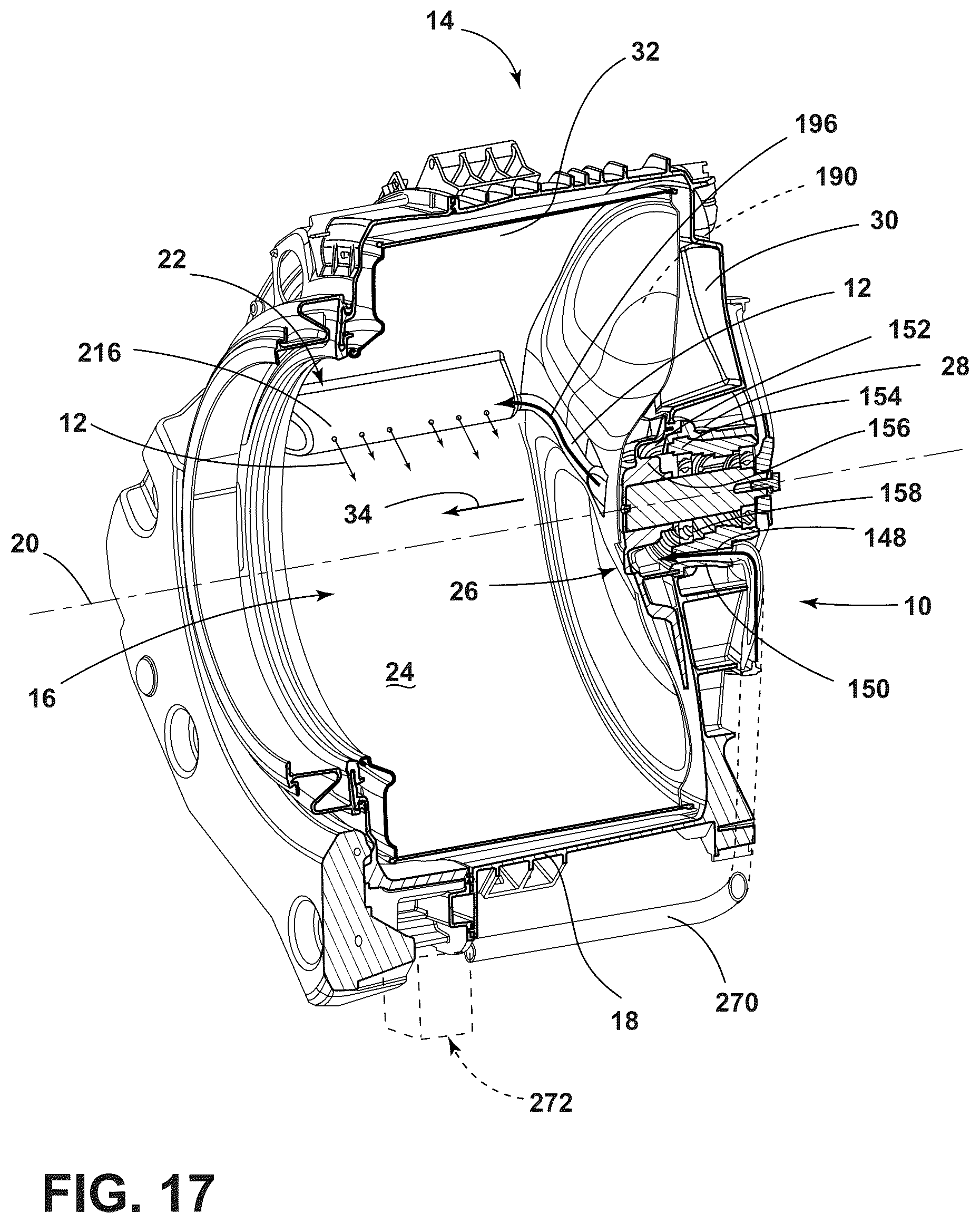 Patent US12139837 Figure 15 – Fluid delivery system for a front-load washing appliance for delivering fluid to lifters of the drum