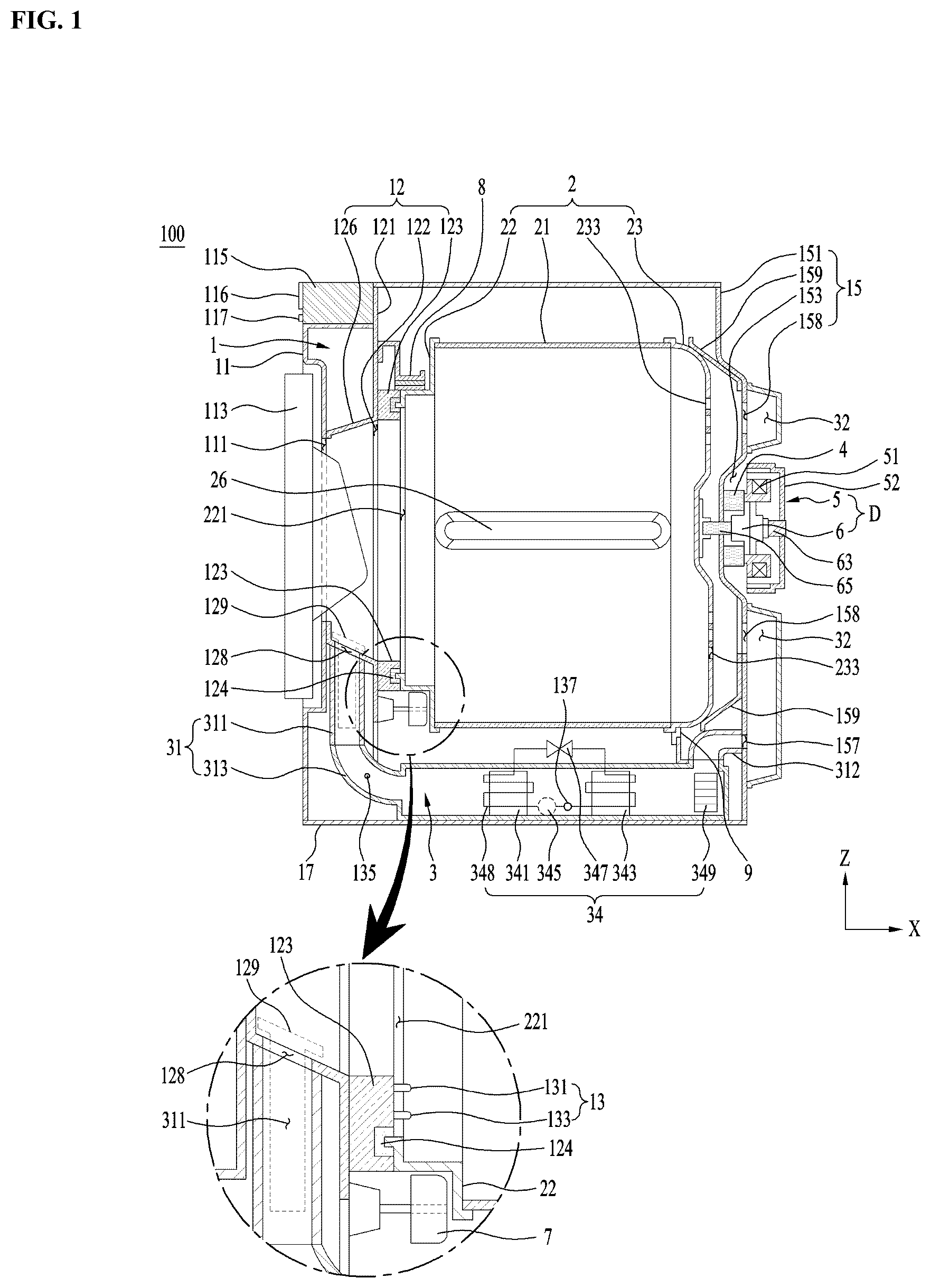 Patent US12139838 Figure 1 – Apparatus for treating laundry