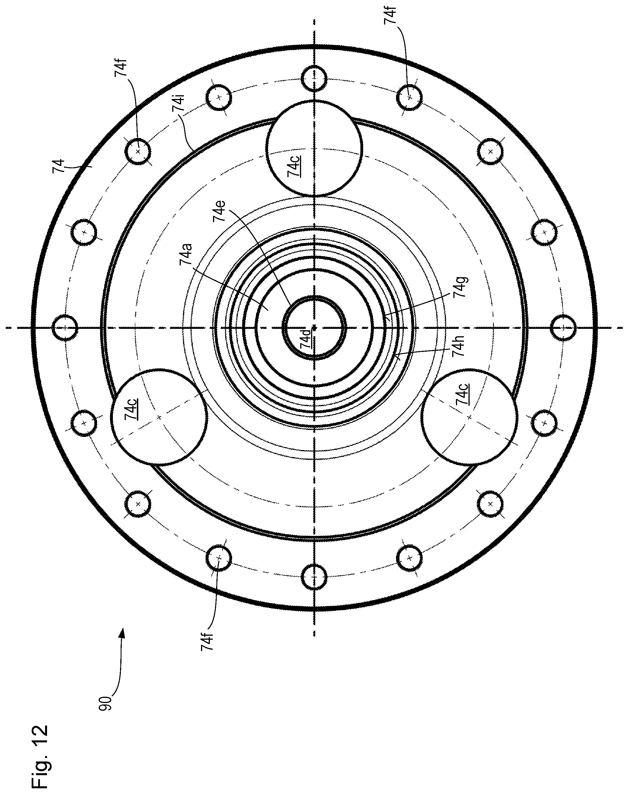 Patent US12139861 Figure 11 – Earth working machine having a rotatable working apparatus axially positionally retainable with high tightening torque by means of a central bolt arrangement, and method for establishing and releasing such retention