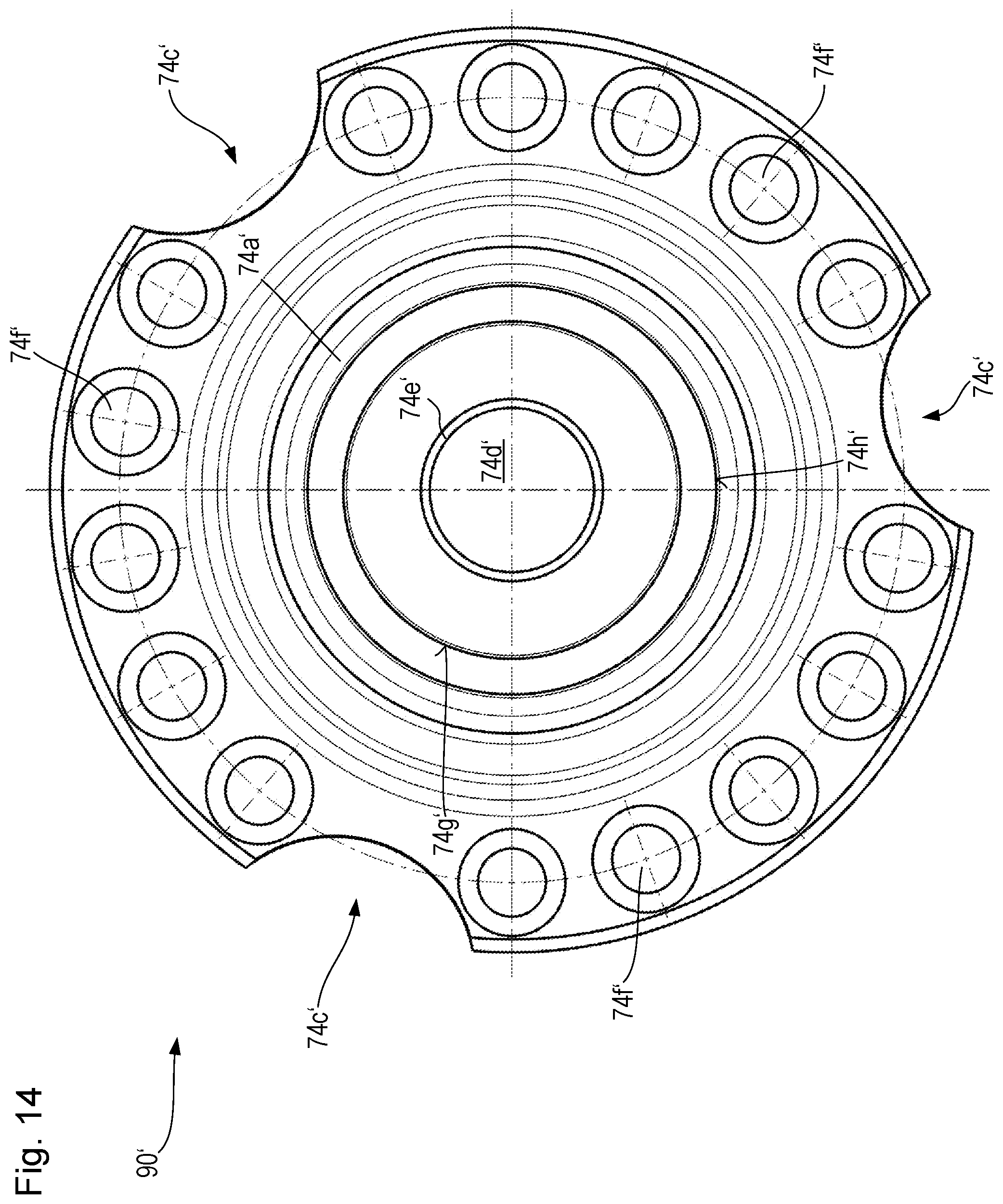 Patent US12139861 Figure 14 – Earth working machine having a rotatable working apparatus axially positionally retainable with high tightening torque by means of a central bolt arrangement, and method for establishing and releasing such retention