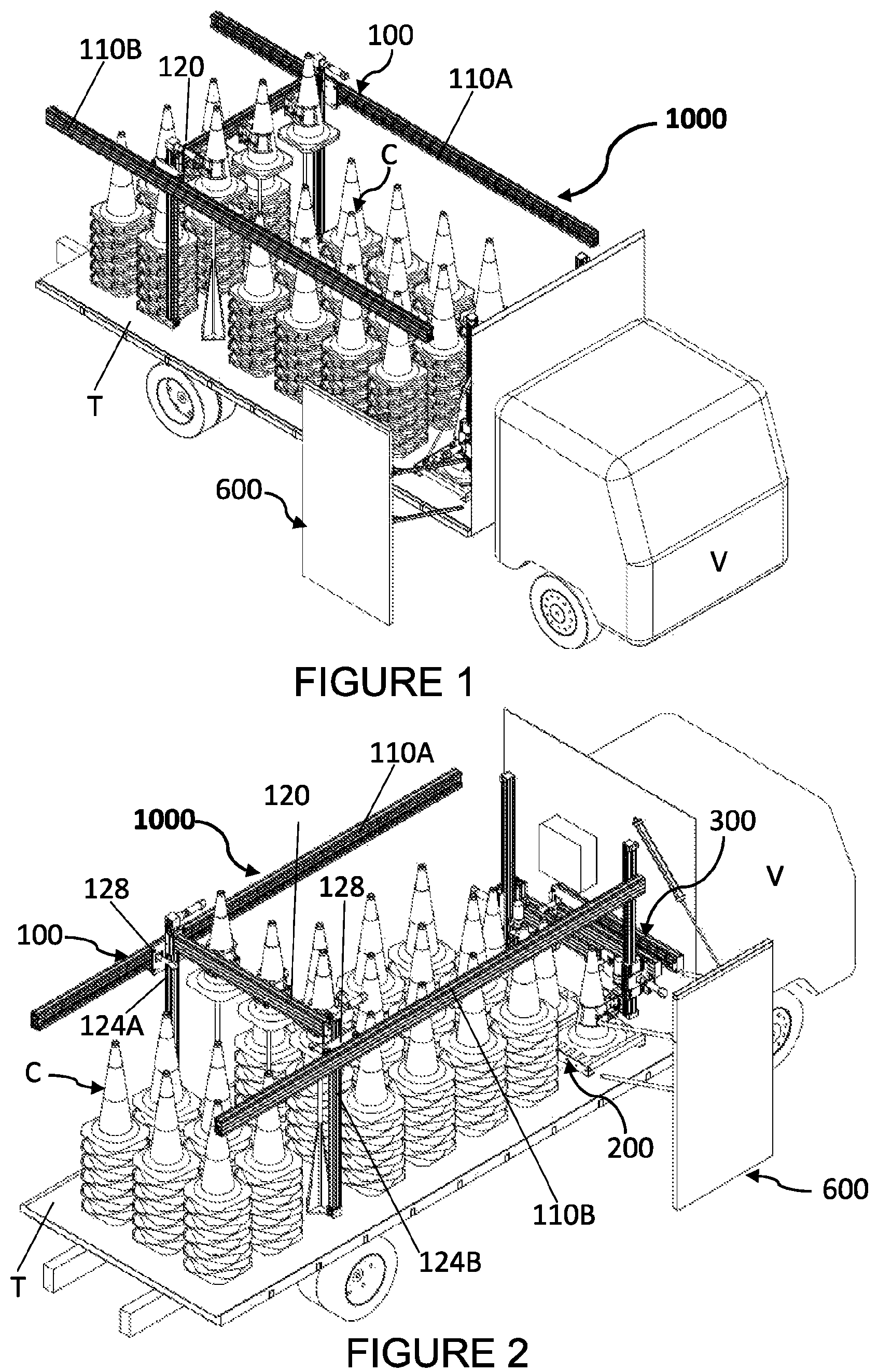 Patent US12139864 Figure 1 – Vehicle mounted system for deploying and retrieving traffic barriers