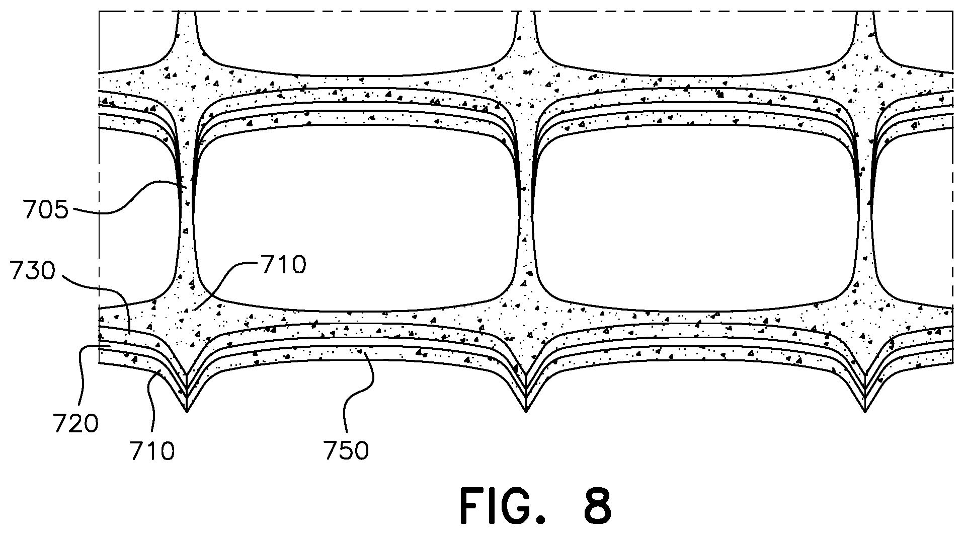 Patent US12139870 Figure 8 – Multilayer integral geogrids having a cellular layer structure, and methods of making and using same