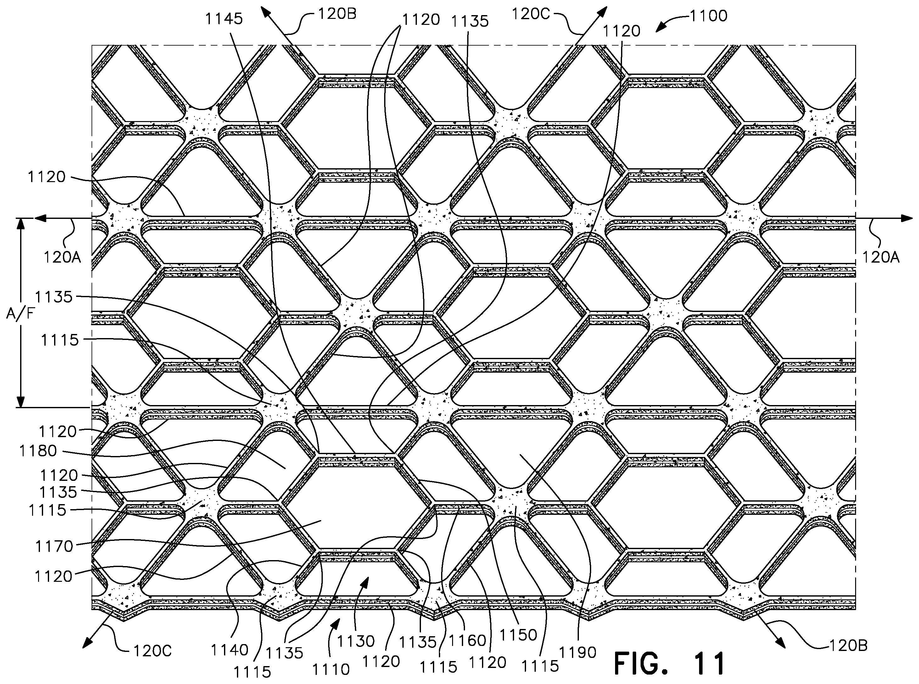 Patent US12139870 Figure 11 – Multilayer integral geogrids having a cellular layer structure, and methods of making and using same