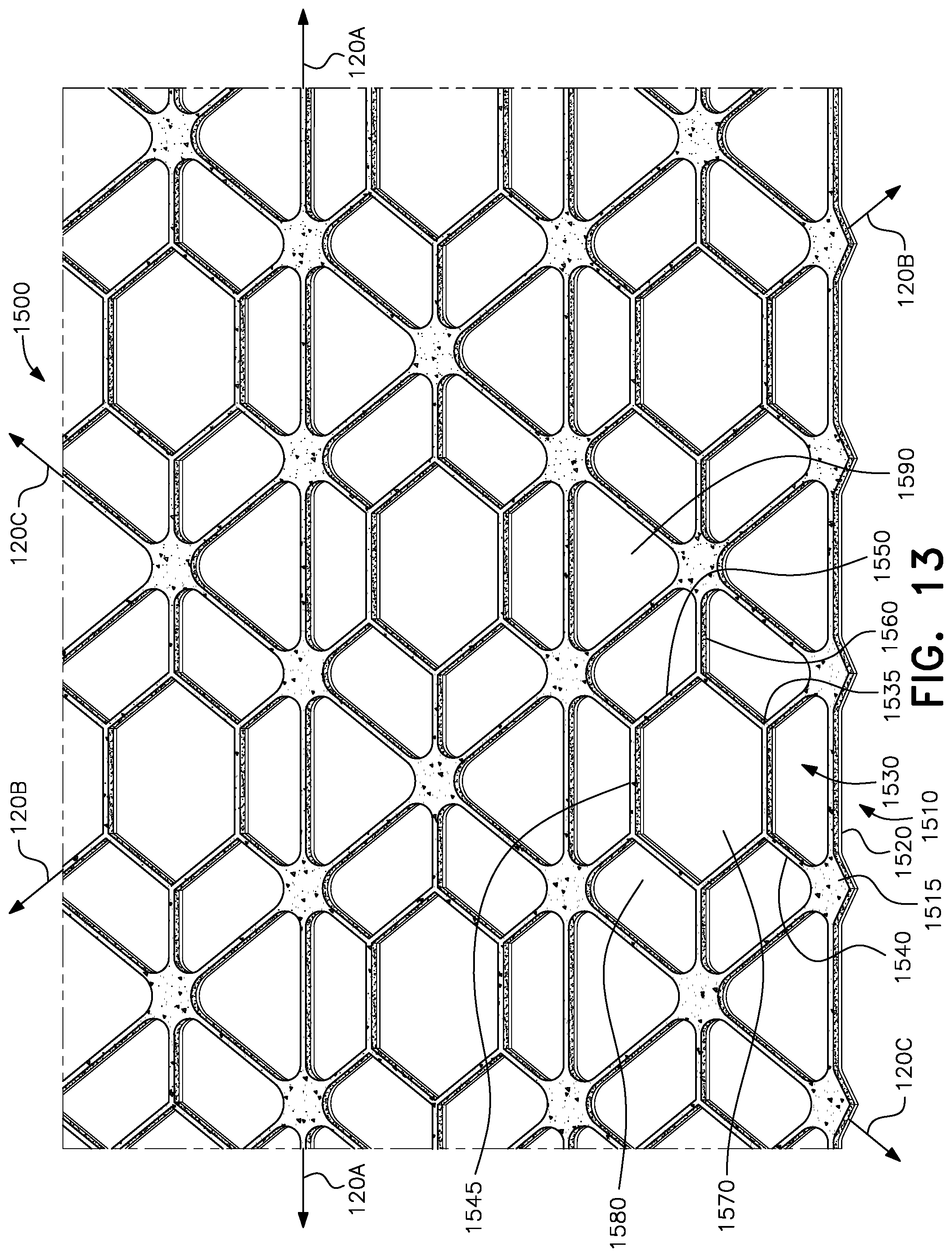 Patent US12139870 Figure 13 – Multilayer integral geogrids having a cellular layer structure, and methods of making and using same