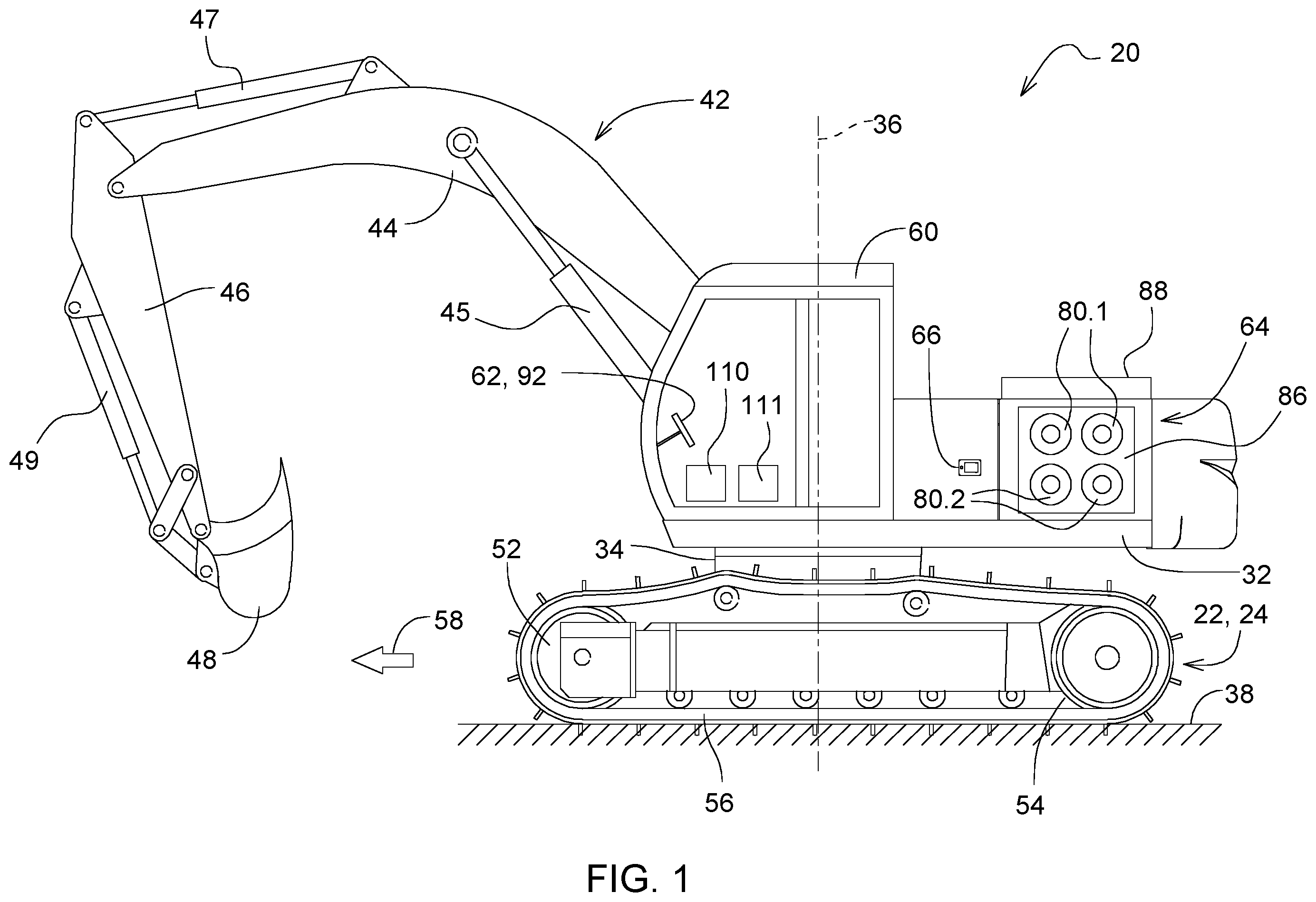 Patent US12139886 Figure 1 – Integrated vehicle and battery thermal management of an electric excavator
