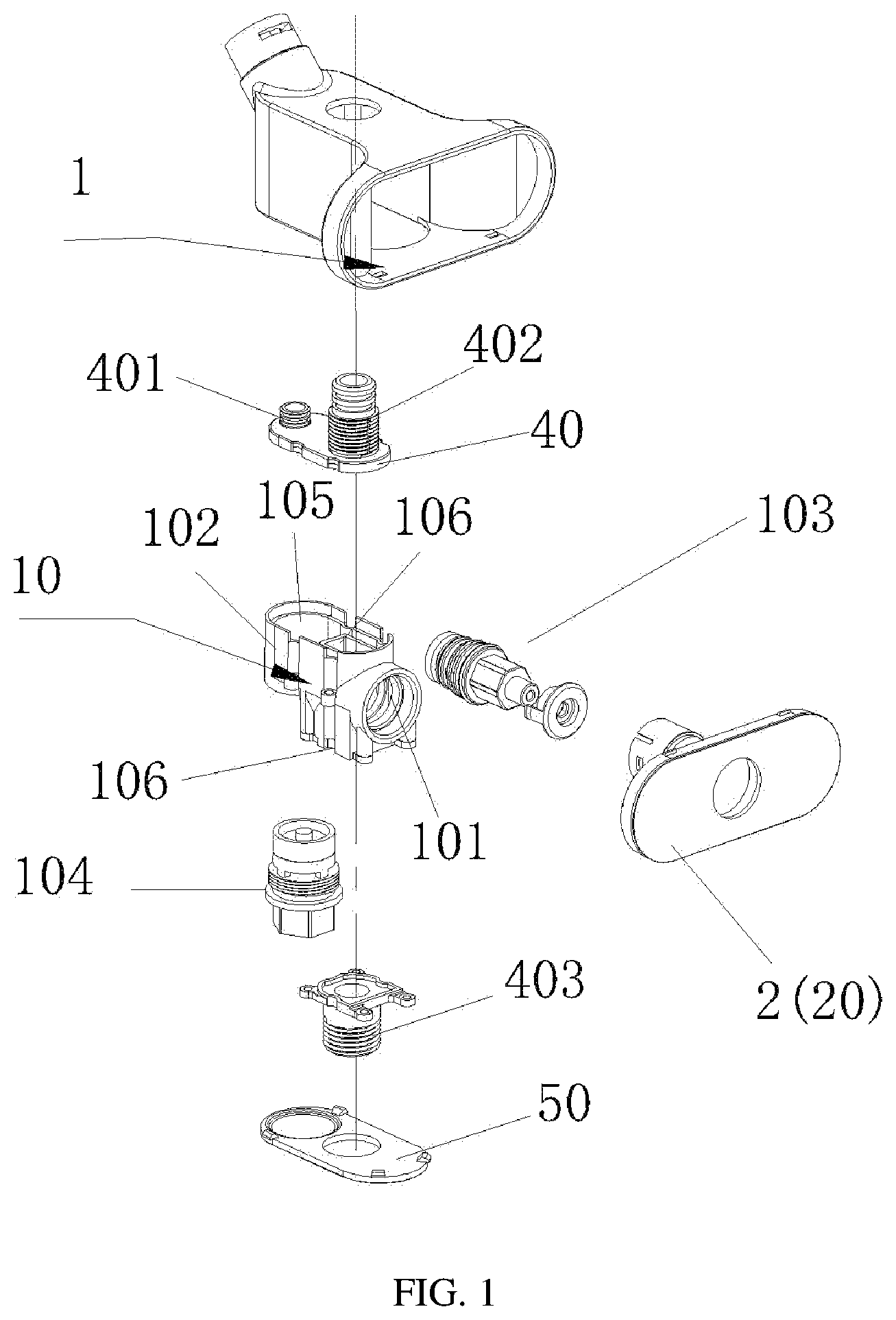 Patent US12139896 Figure 1 – Outlet water switching device with temperature display and shower system