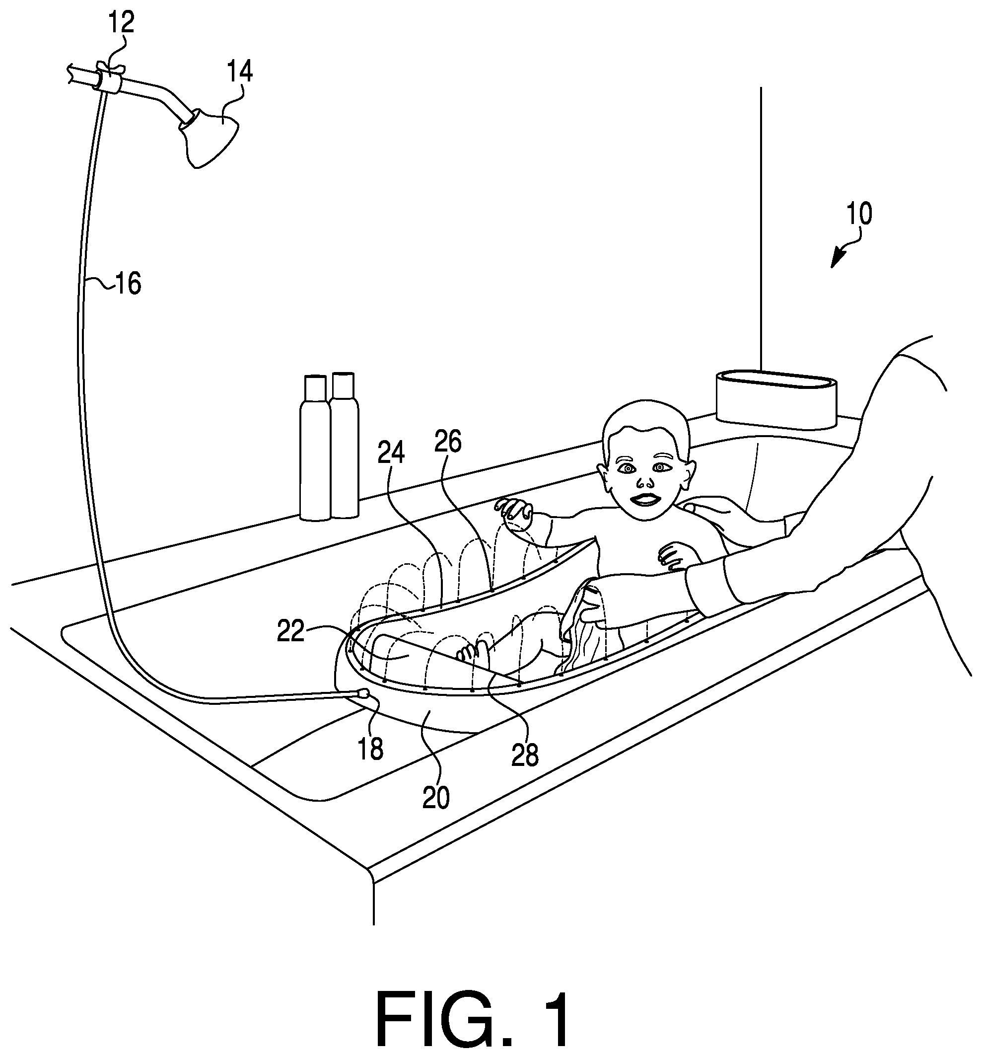 Patent US12139897 Figure 1 – Systems and methods for diverting water from a shower head and distributing within a bathtub or shower basin