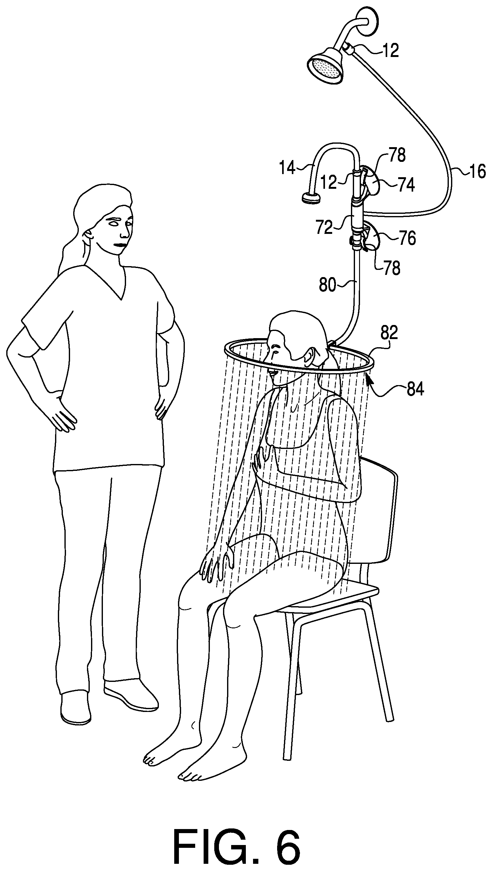 Patent US12139897 Figure 6 – Systems and methods for diverting water from a shower head and distributing within a bathtub or shower basin