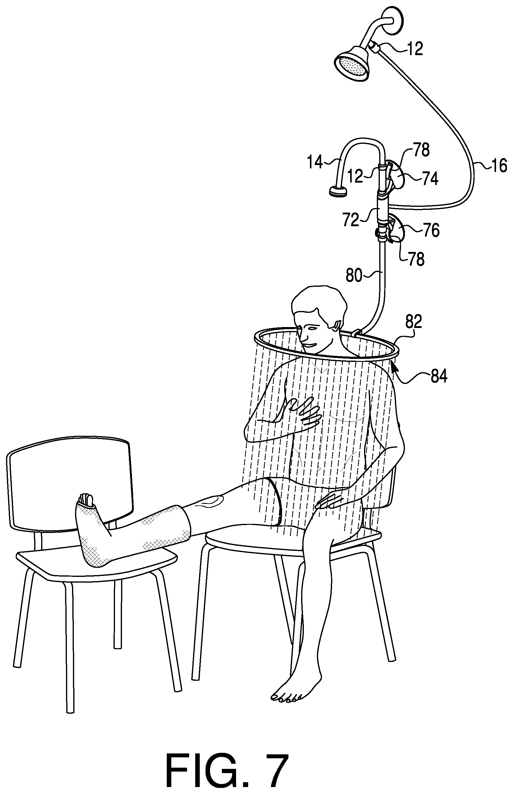 Patent US12139897 Figure 7 – Systems and methods for diverting water from a shower head and distributing within a bathtub or shower basin