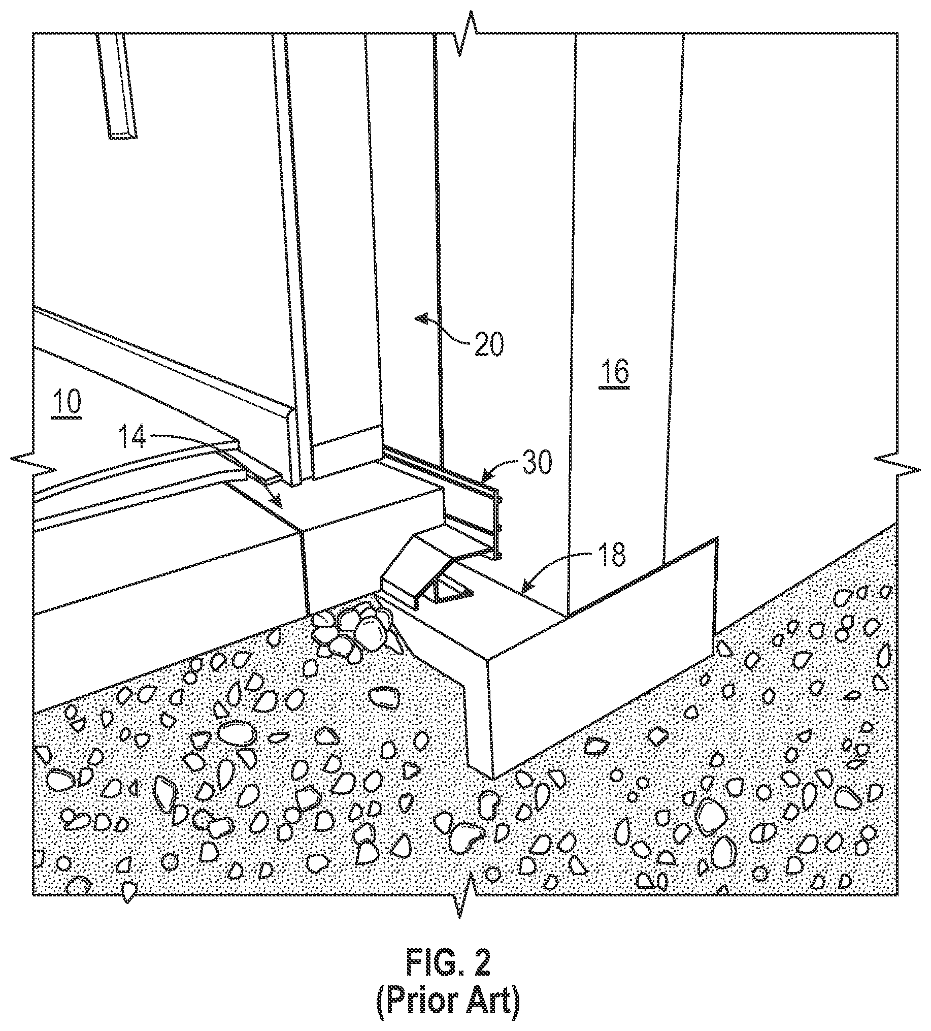 Patent US12139906 Figure 2 – Dual channel drainage seal for channeling water seepage and mitigating radon gas admittance in a basement or subterranean area