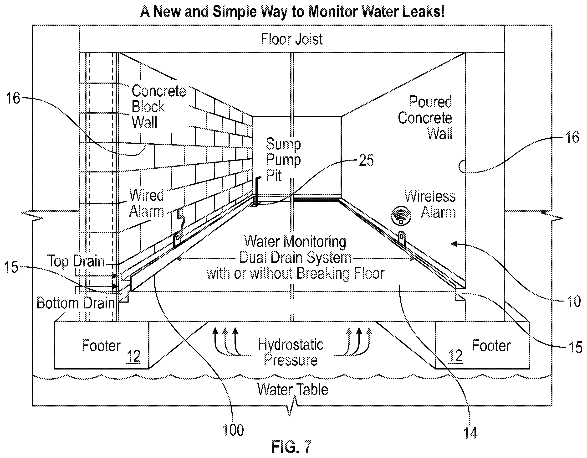 Patent US12139906 Figure 6 – Dual channel drainage seal for channeling water seepage and mitigating radon gas admittance in a basement or subterranean area