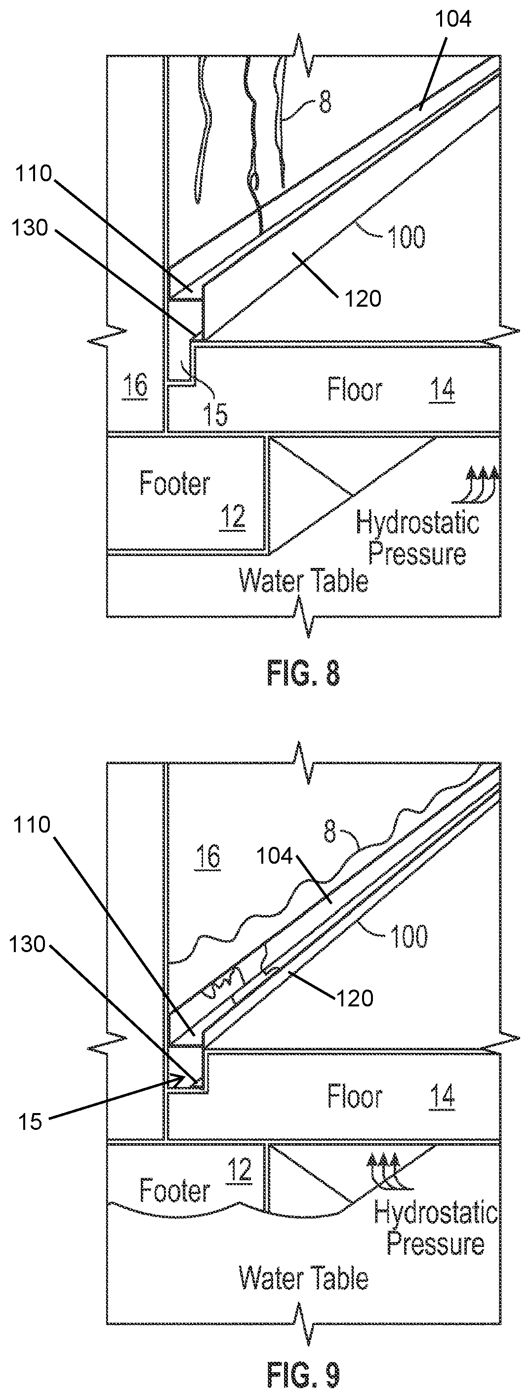 Patent US12139906 Figure 7 – Dual channel drainage seal for channeling water seepage and mitigating radon gas admittance in a basement or subterranean area