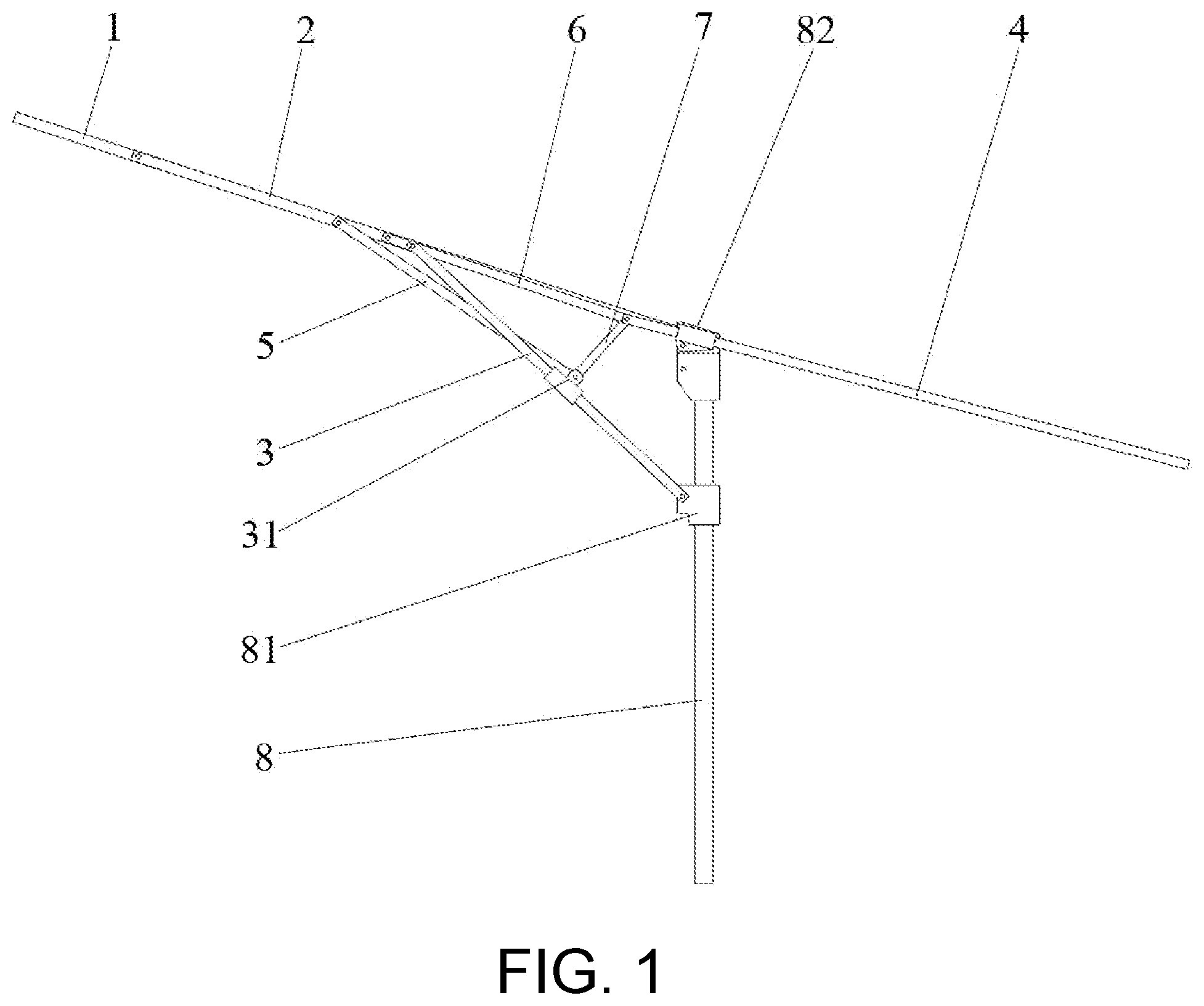 Patent US12139926 Figure 1 – Folding tent eave automatically-overhanging structure applicable to eave overhanging rods in various lengths