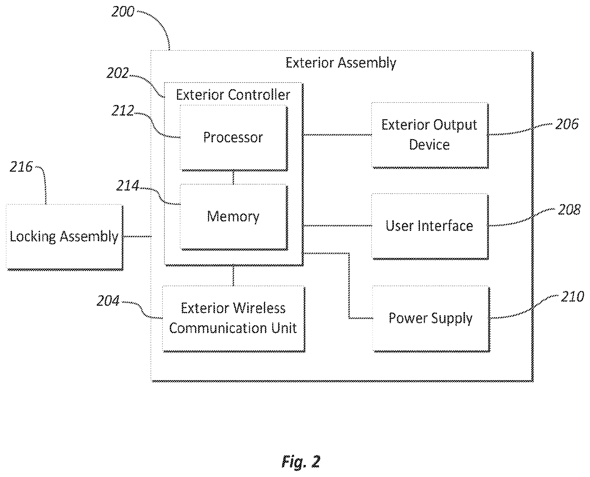 Patent US12139936 Figure 2 – Electronic lock with wireless exterior to interior door communication