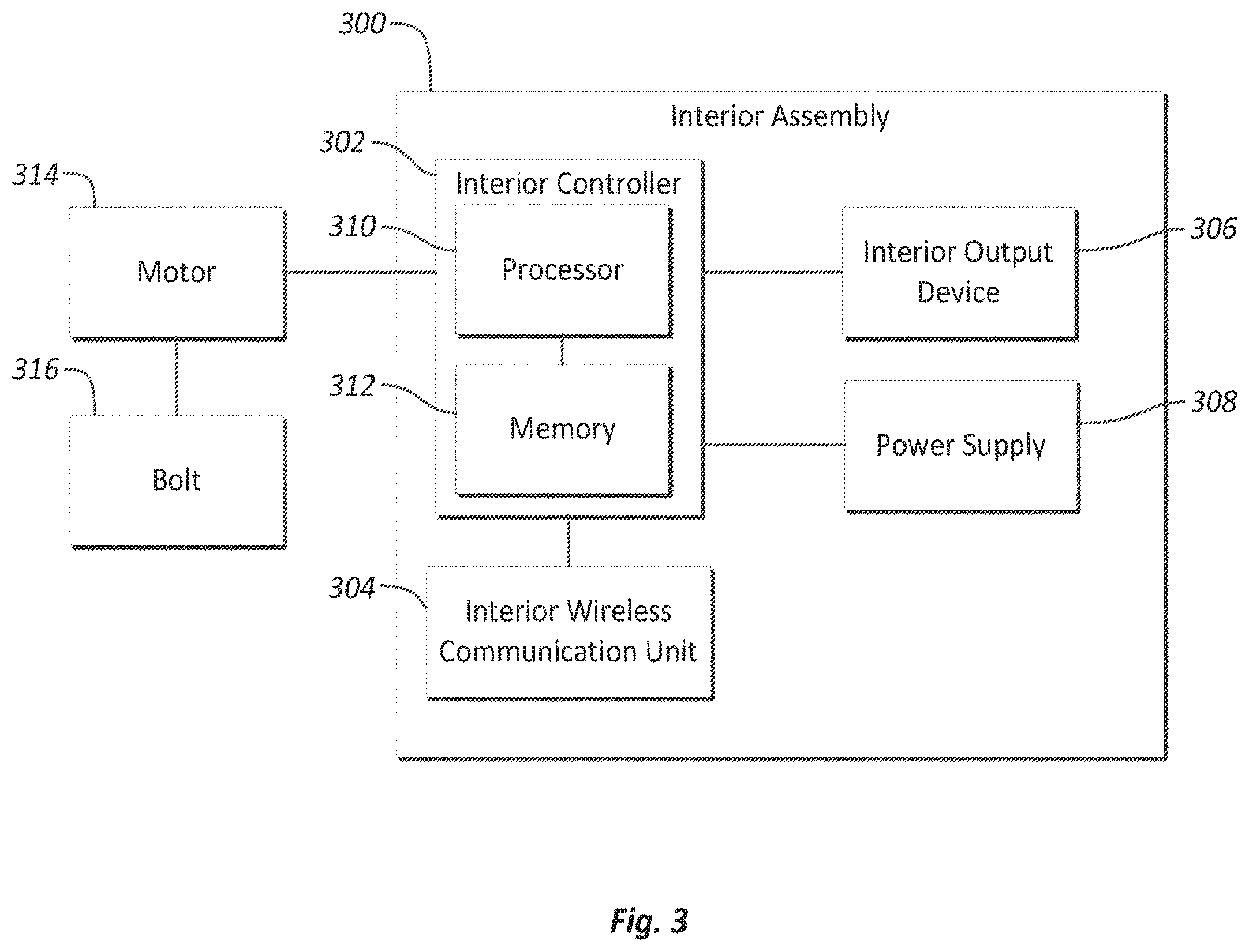 Patent US12139936 Figure 3 – Electronic lock with wireless exterior to interior door communication