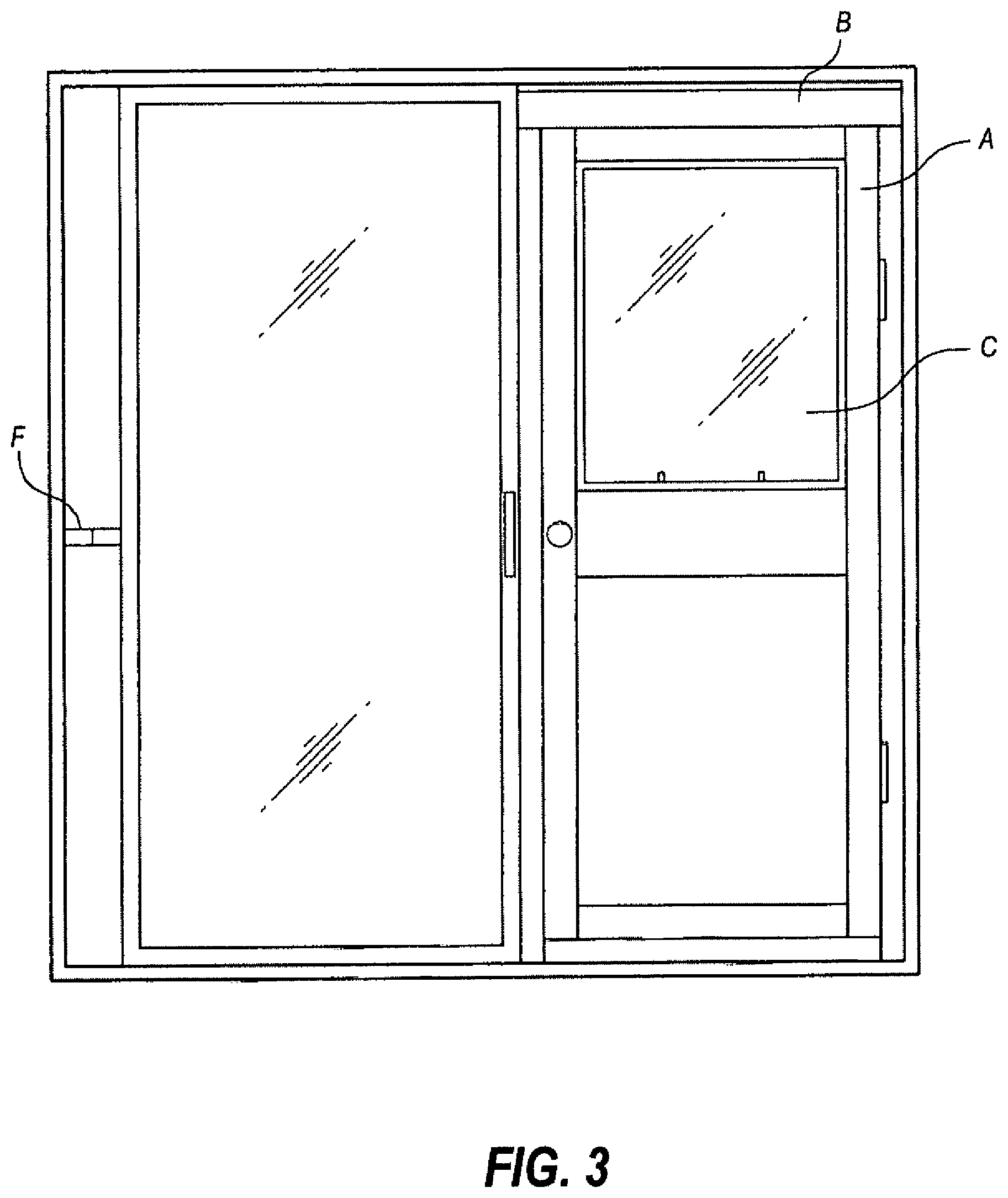Patent US12139965 Figure 3 – Pet door insert for sliding doors