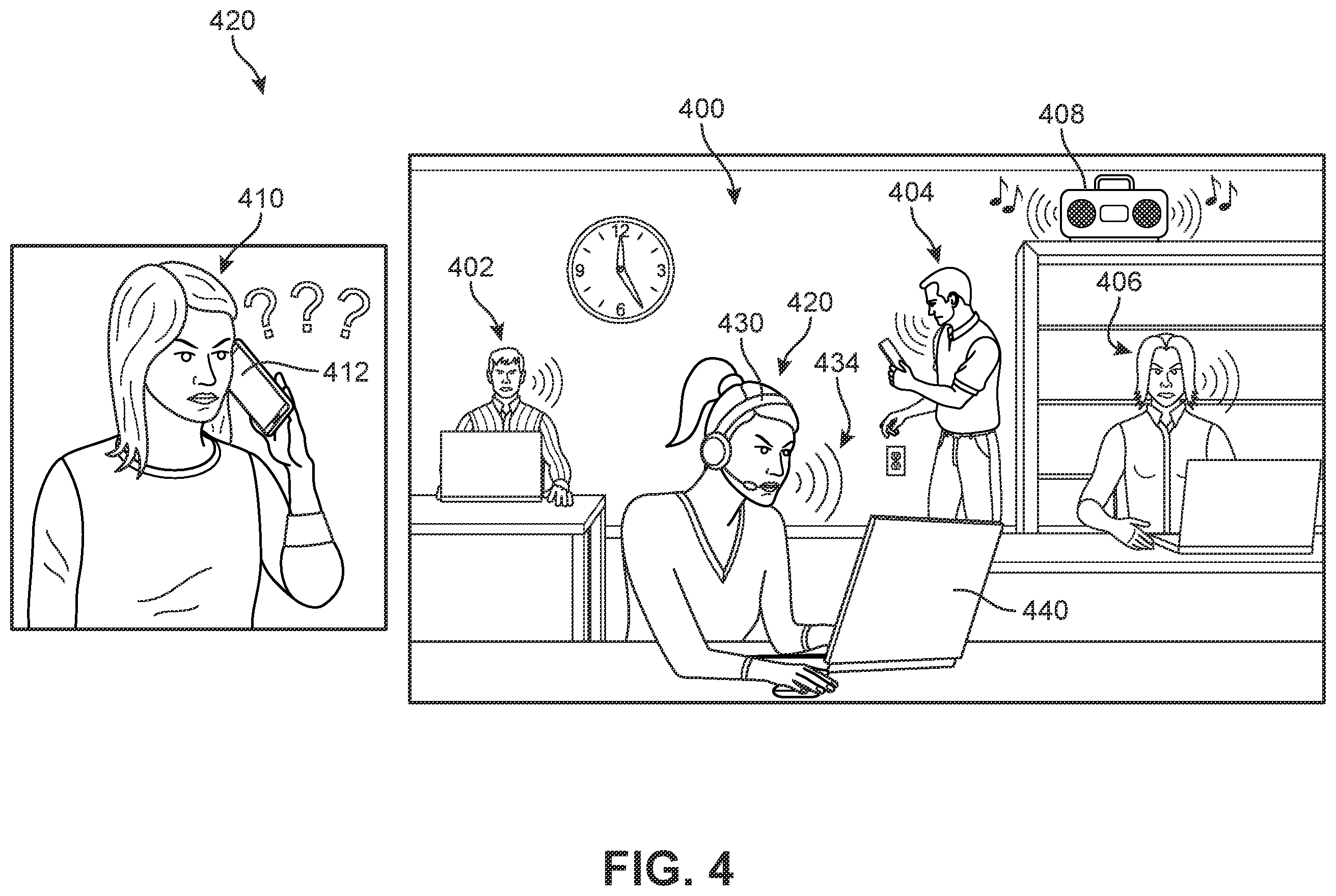 Patent US12142264 Figure 4 – Noise reduction in shared workspaces