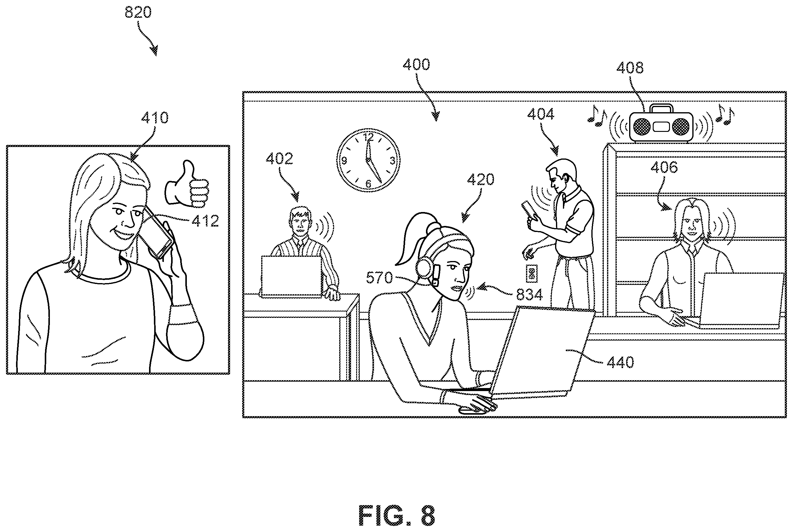 Patent US12142264 Figure 8 – Noise reduction in shared workspaces