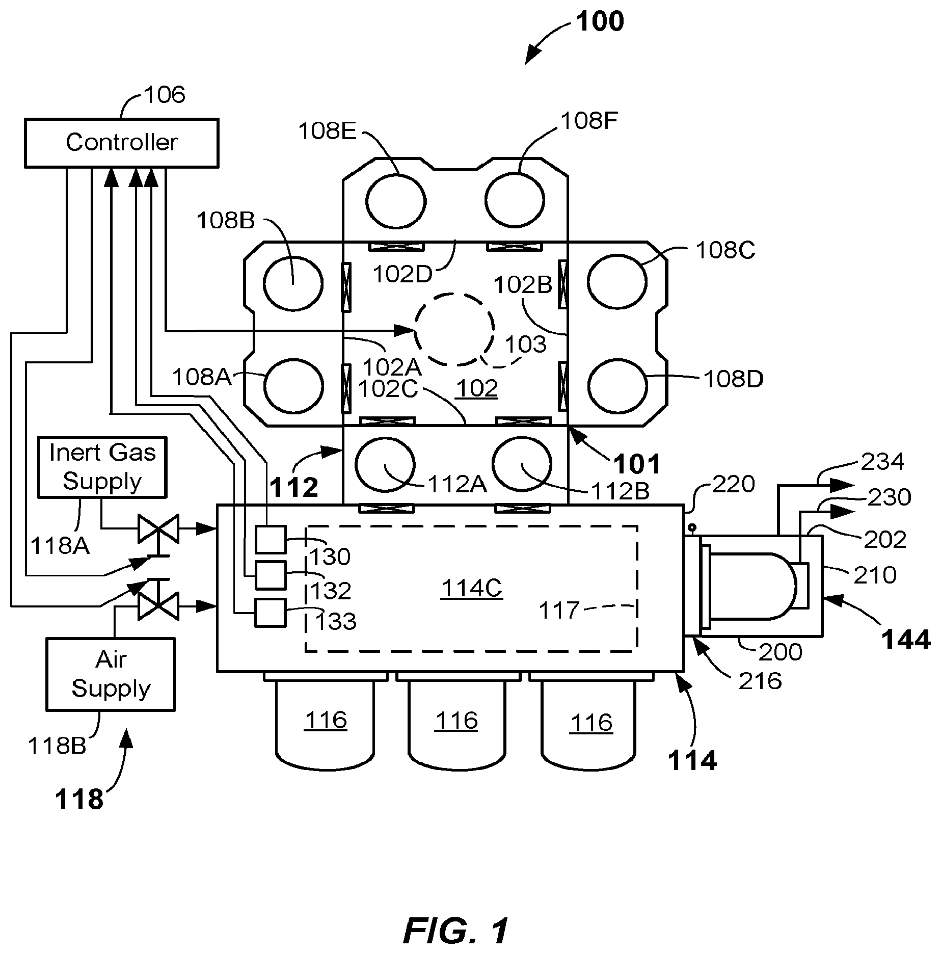 Patent US12142500 Figure 1 – Side storage pods, equipment front end modules, and methods for processing substrates